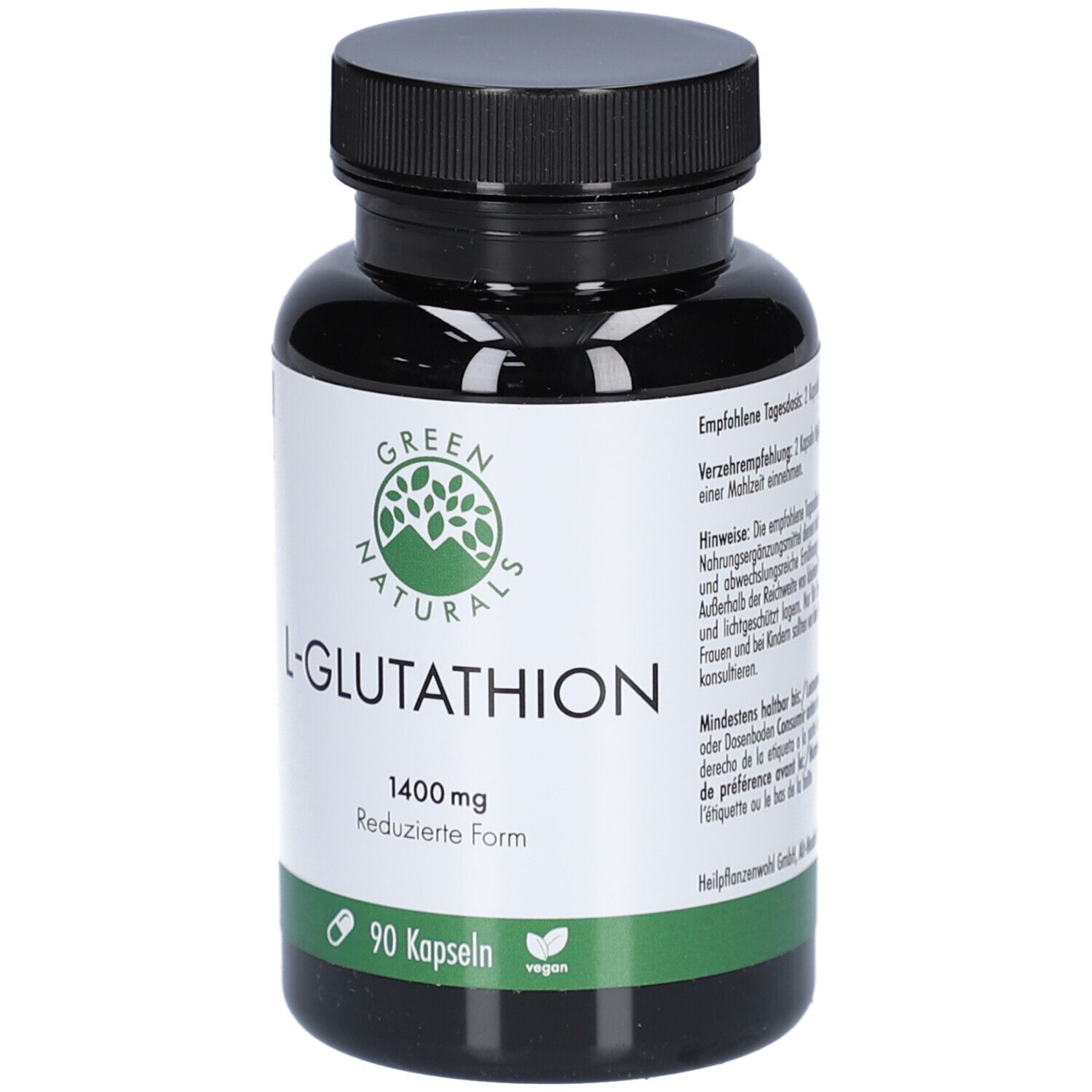 Schwarze Flasche mit grüner Banderole. Aufschrift: L-Glutathion 1400 mg, 90 Kapseln, vegan. Logo: Green Naturals.