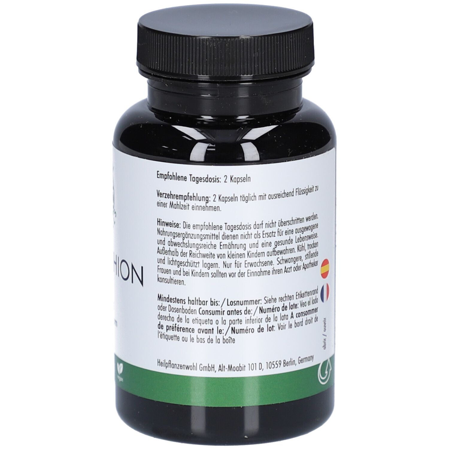 Rückseite der Flasche. Aufschrift: L-Glutathion. Dosierung. Mehrsprachige Hinweise. Logo: Green Naturals. Vegan.