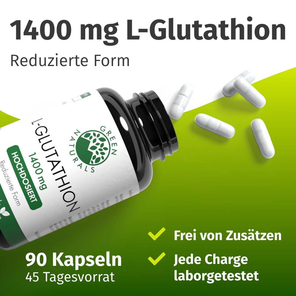 Dose mit L-Glutathion 1400 mg, reduzierte Form. 90 Kapseln, 45 Tagesvorrat. Frei von Zusätzen, laborgetestet.
