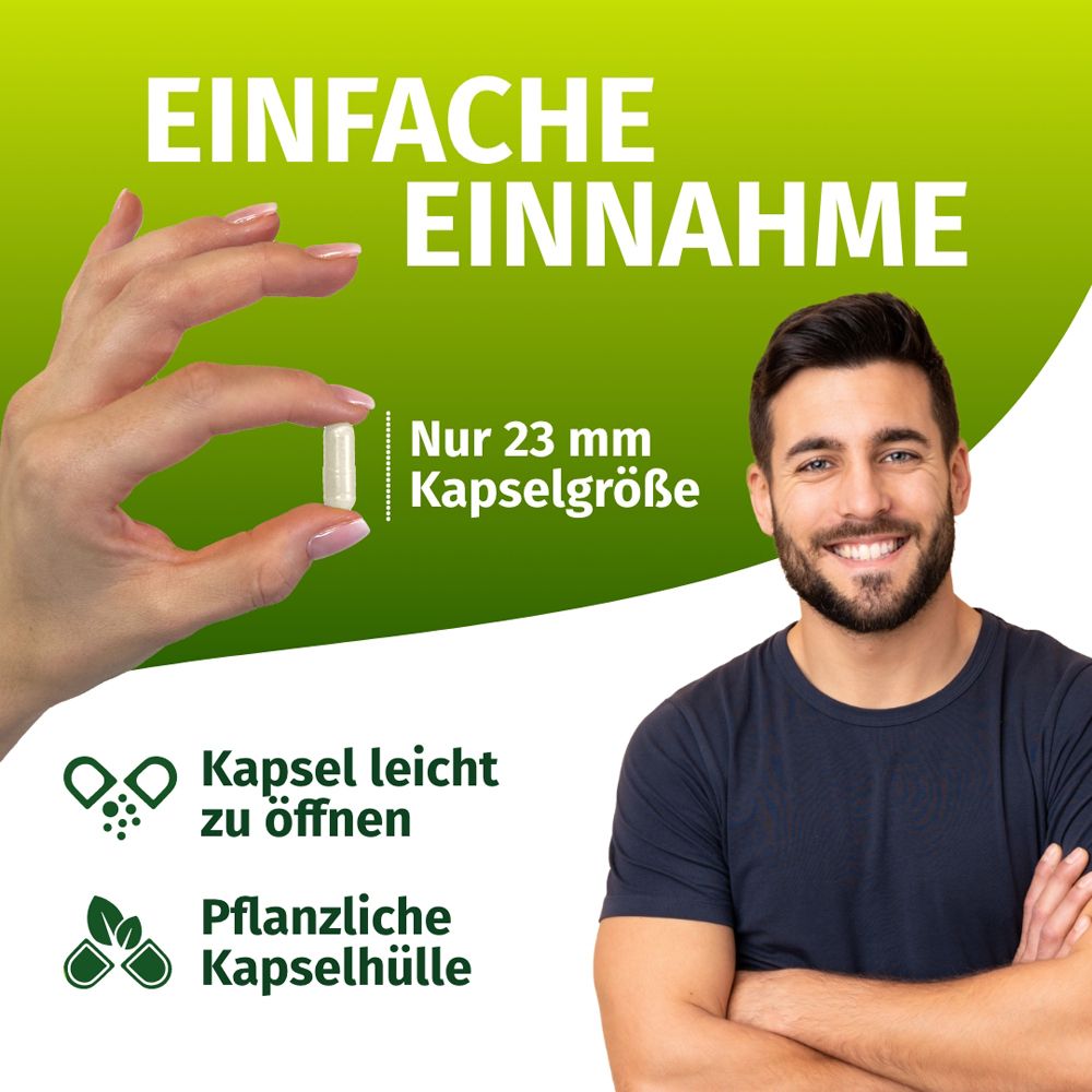 Frau hält Kapsel (23 mm). Mann lächelt. Text: Einfache Einnahme. Kapsel leicht zu öffnen, pflanzliche Kapselhülle.