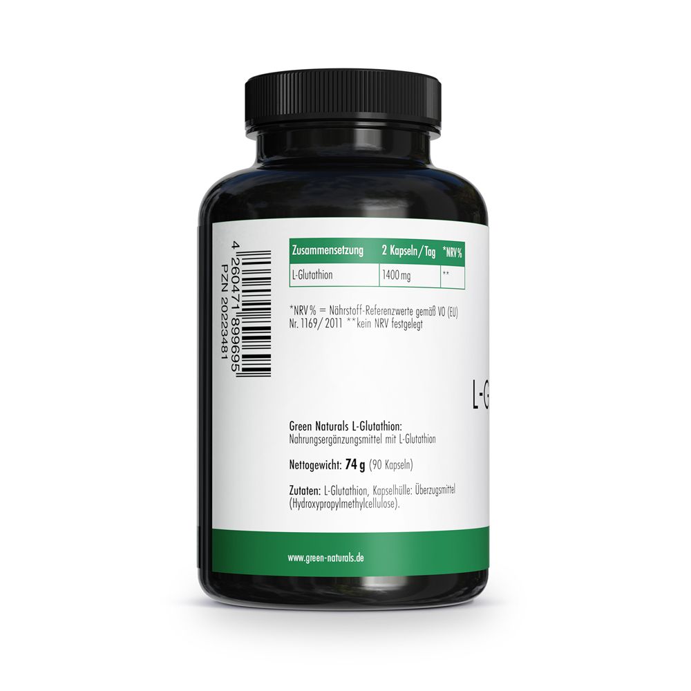 Rückseite der Dose mit Nährwertangaben: L-Glutathion 1400 mg, 90 Kapseln. Zutaten: L-Glutathion, Kapselhülle.