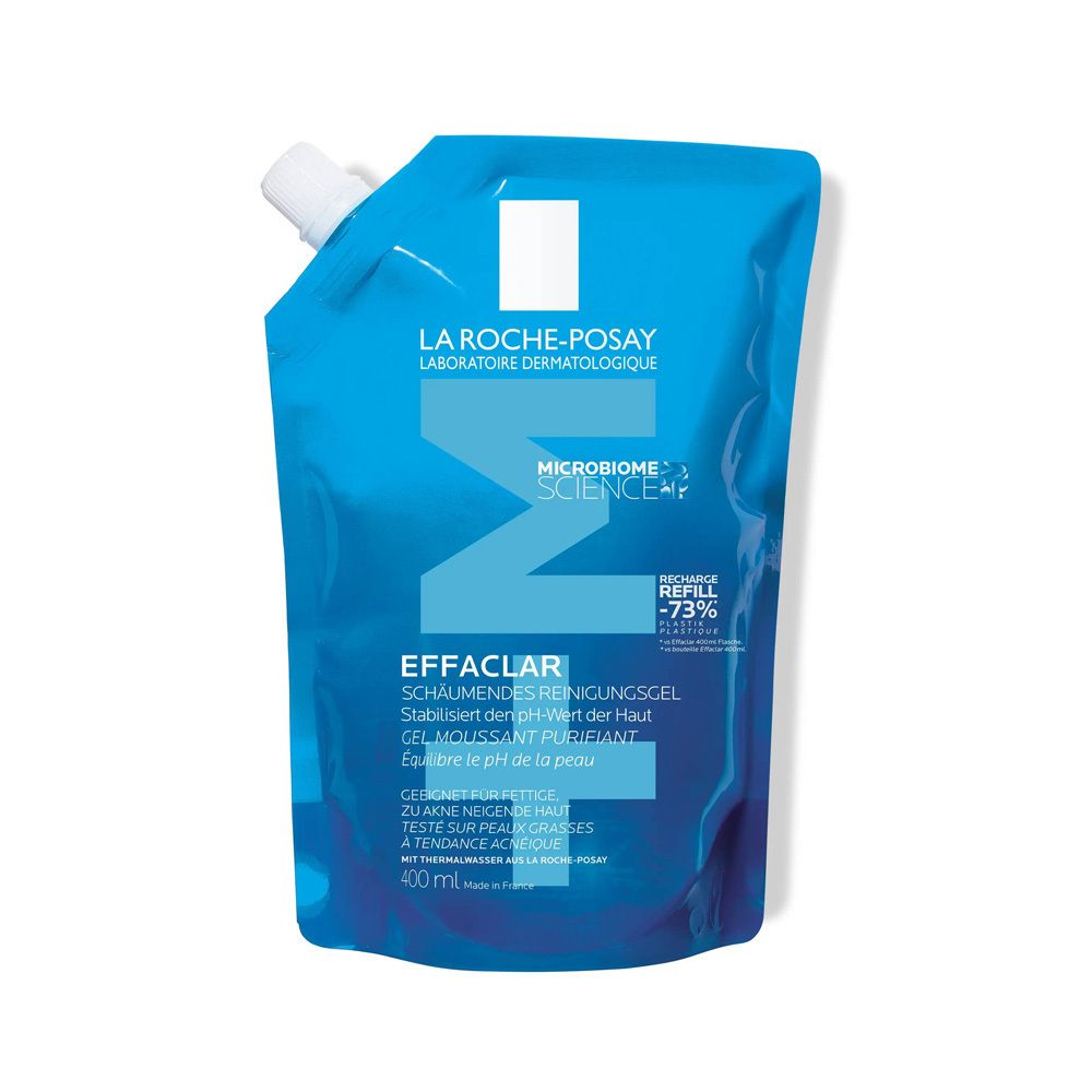 Recharge bleue avec bouchon blanc. Contient le gel moussant Effaclar de La Roche-Posay. Texte sur l'emballage.