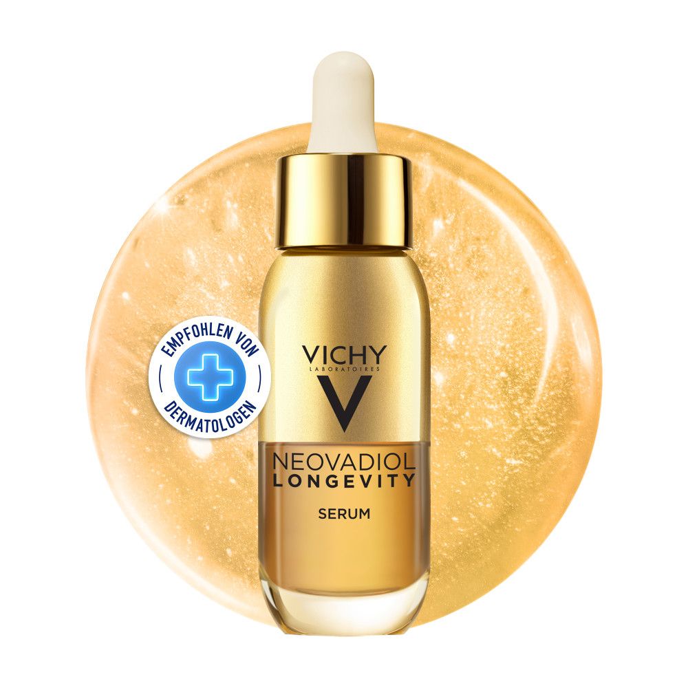 Vichy Neovadiol Longevity Serum in goldener Flasche mit Pipette, umgeben von goldener Flüssigkeit. "Empfohlen von Dermatologen" Siegel.