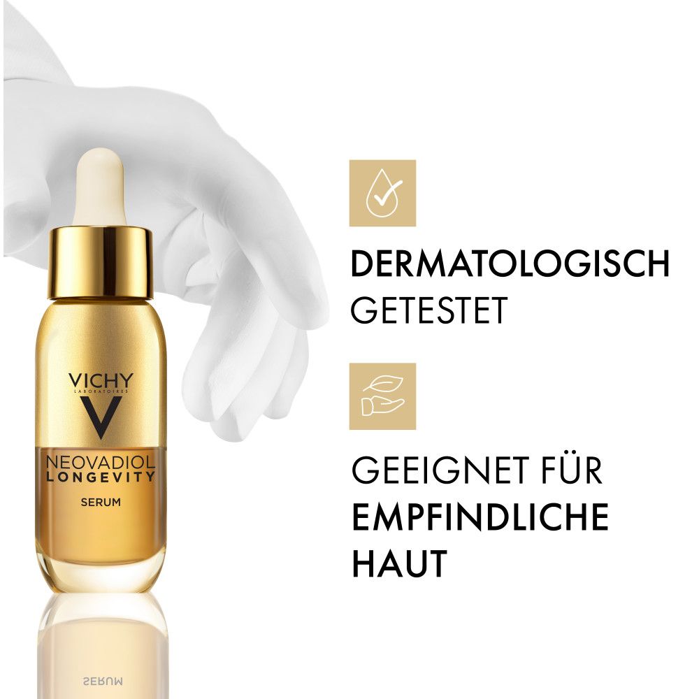 Vichy Neovadiol Longevity Serum in goldener Flasche mit Pipette. Dermatologisch getestet.