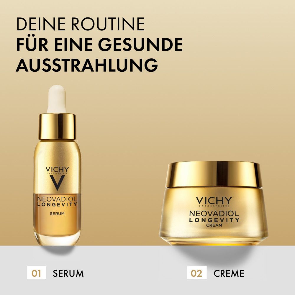 Vichy Neovadiol Longevity Serum und Creme in goldenen Flakons.