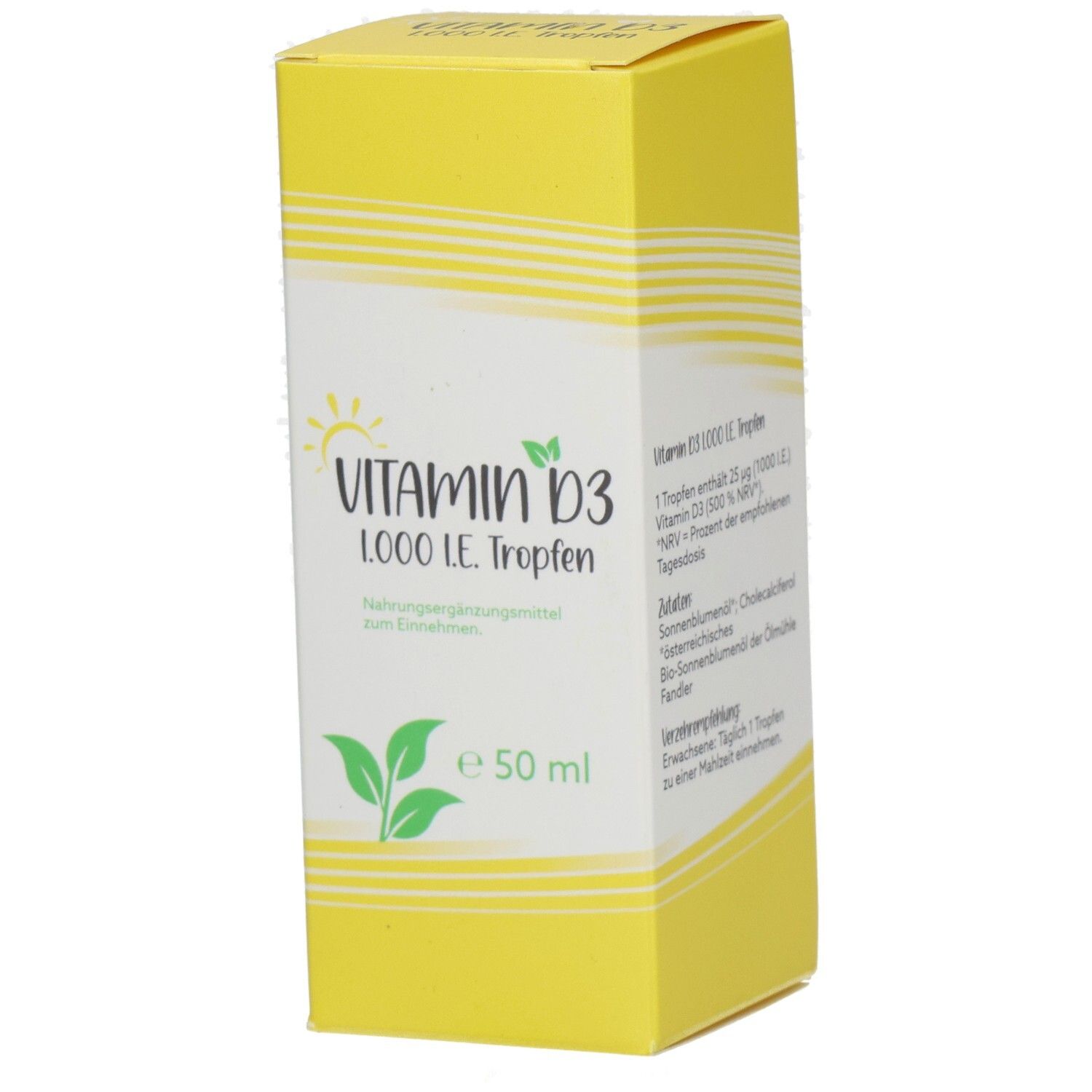 Gelbe Schachtel mit Aufschrift VITAMIN D3 1000 I.E. Tropfen. Enthält 50 ml. Nahrungsergänzungsmittel zum Einnehmen.