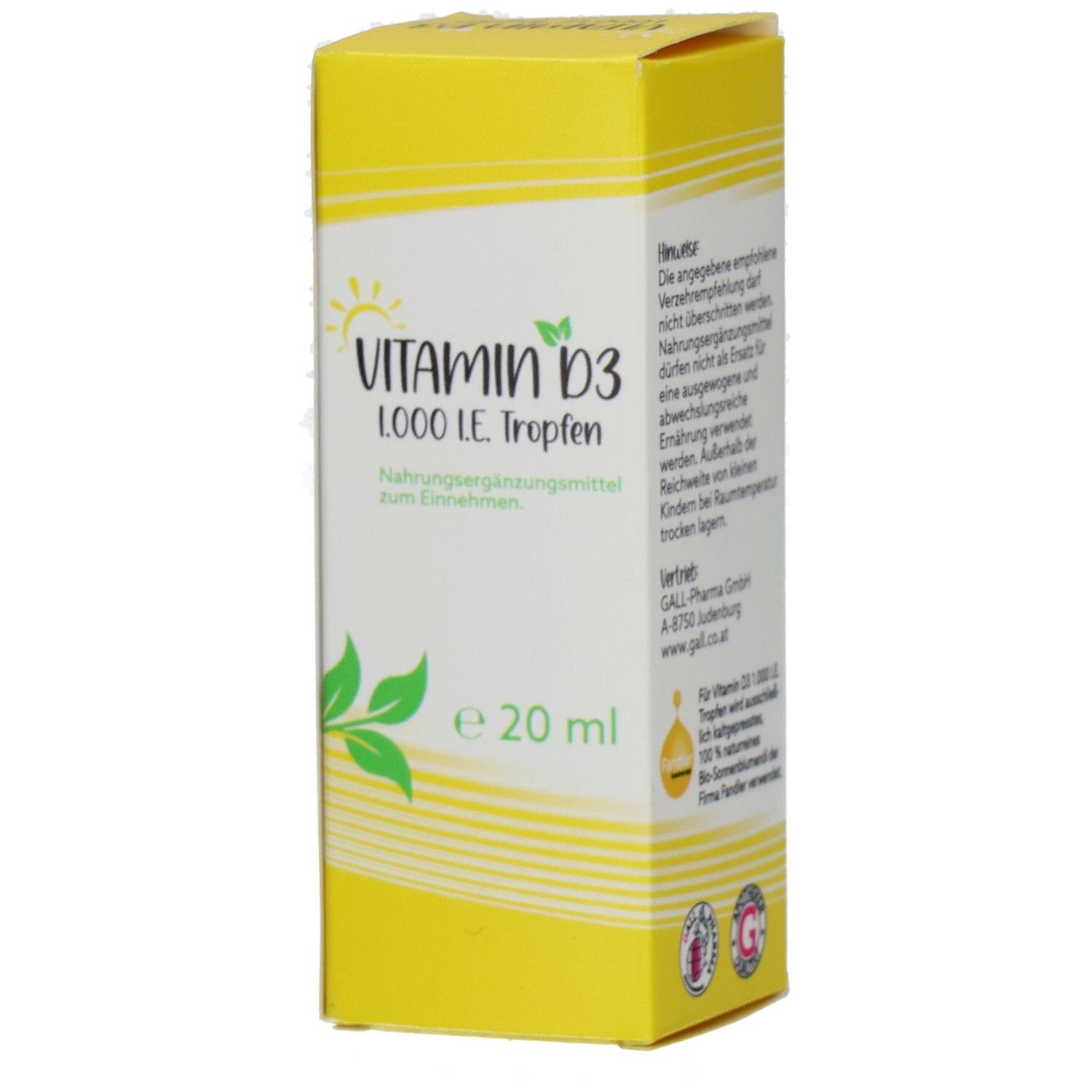 Gelbe Schachtel mit Vitamin D3 1000 I.E. Tropfen. Aufschrift: Vitamin D3, 20 ml. Grün-gelbes Design mit Blättern und Sonne.
