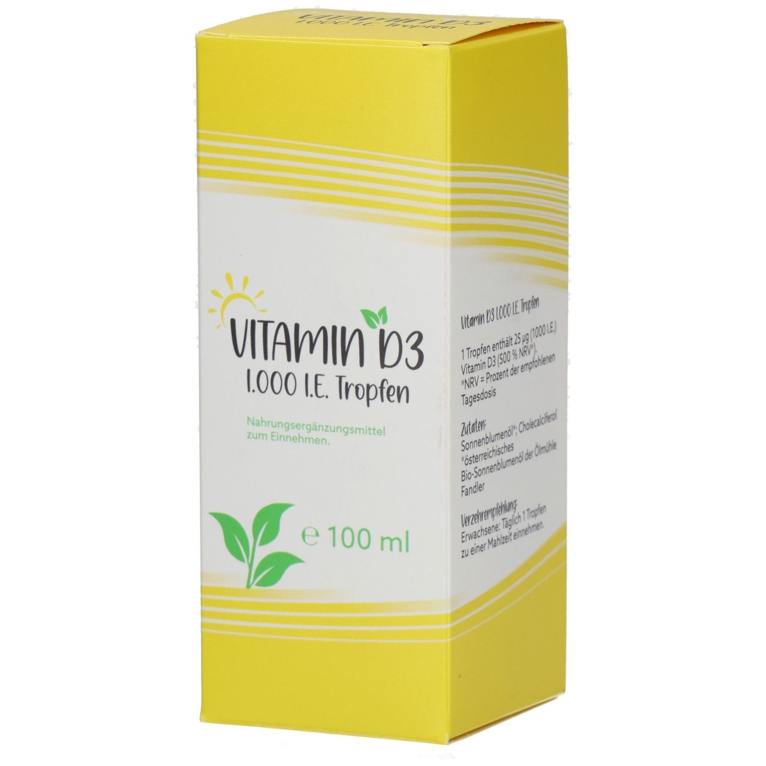 Boîte jaune avec l'inscription Vitamin D3 1.000 I.E. Tropfen. Contient 100 ml. Texte vert et blanc.