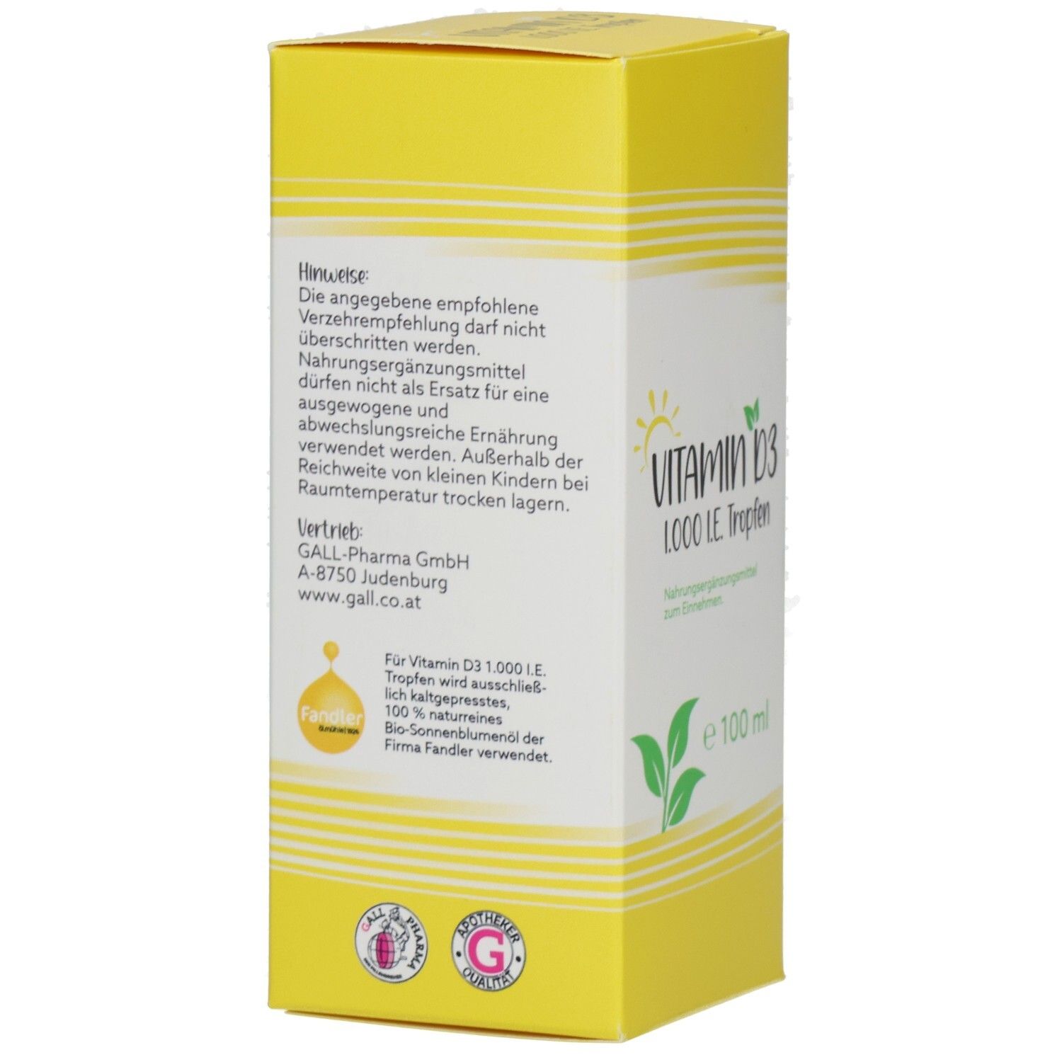 Boîte jaune, vue latérale. Texte : conseils, ingrédients, informations fabricant. Logo avec goutte.