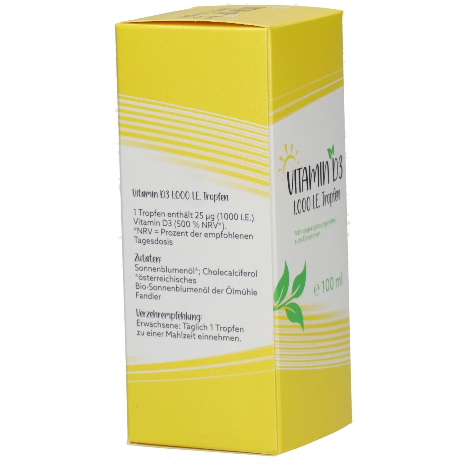 Boîte jaune, vue latérale. Texte : ingrédients, recommandation de consommation, informations fabricant. Logo avec goutte.
