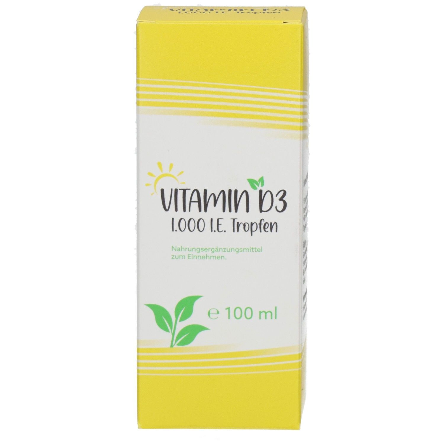 Boîte jaune avec l'inscription Vitamin D3 1.000 I.E. Tropfen. Contient 100 ml. Texte vert et blanc.