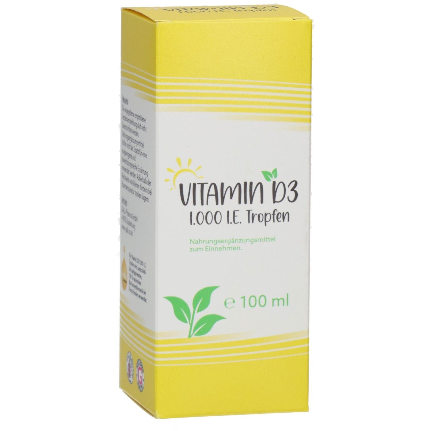 Boîte jaune avec l'inscription Vitamin D3 1.000 I.E. Tropfen. Contient 100 ml. Texte vert et blanc.