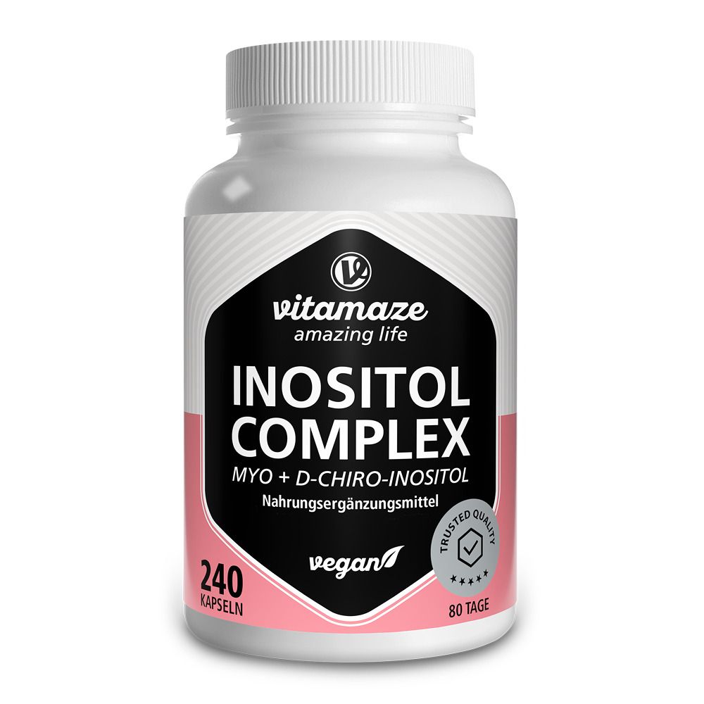 Weiße Flasche mit Kapseln. Aufschrift: Inositol Complex, Myo + D-Chiro-Inositol, 240 Kapseln, vegan. Marke: Vitamaze.