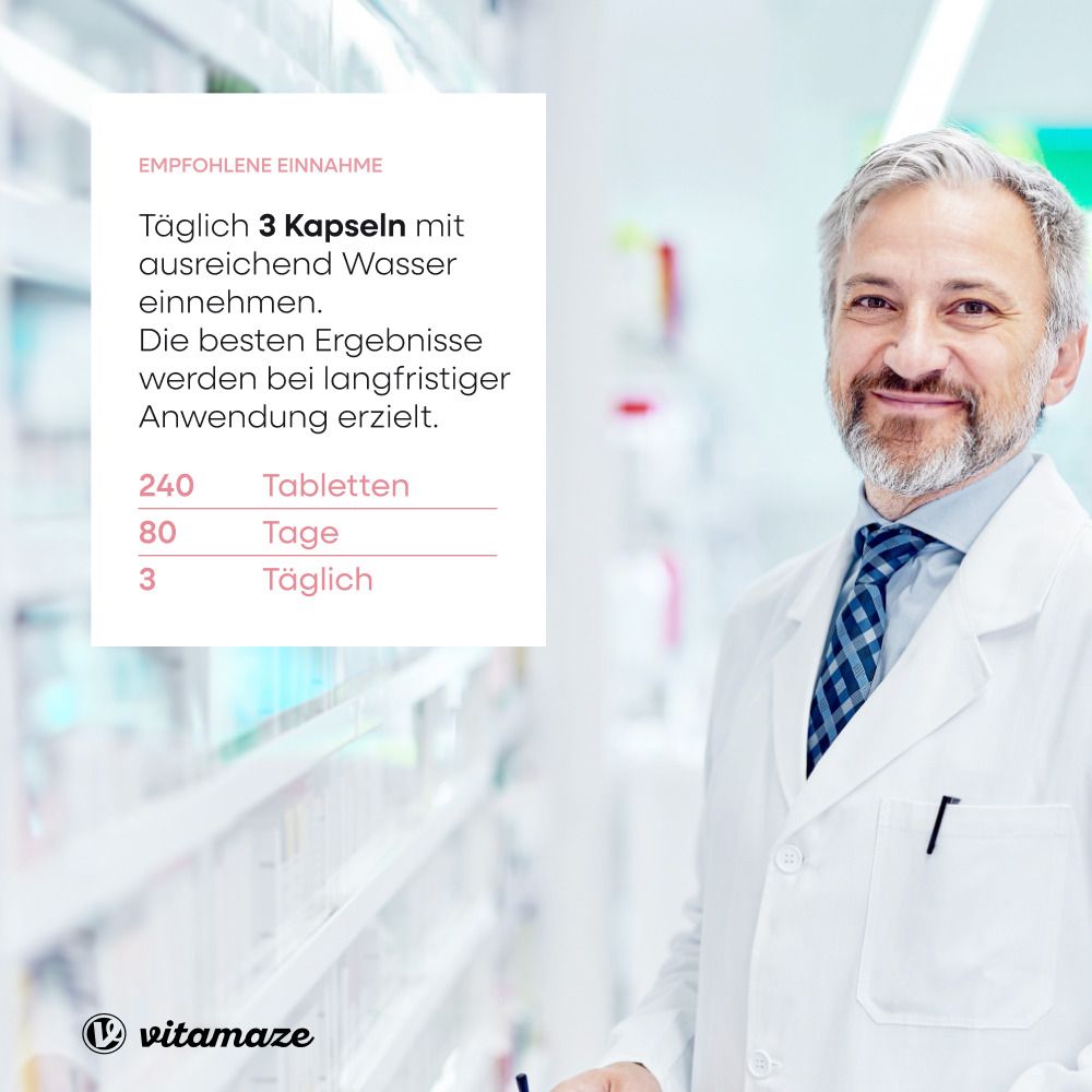 Arzt lächelt. Text: Täglich 3 Kapseln mit Wasser einnehmen. 240 Tabletten, 80 Tage, 3 täglich. Marke: Vitamaze.