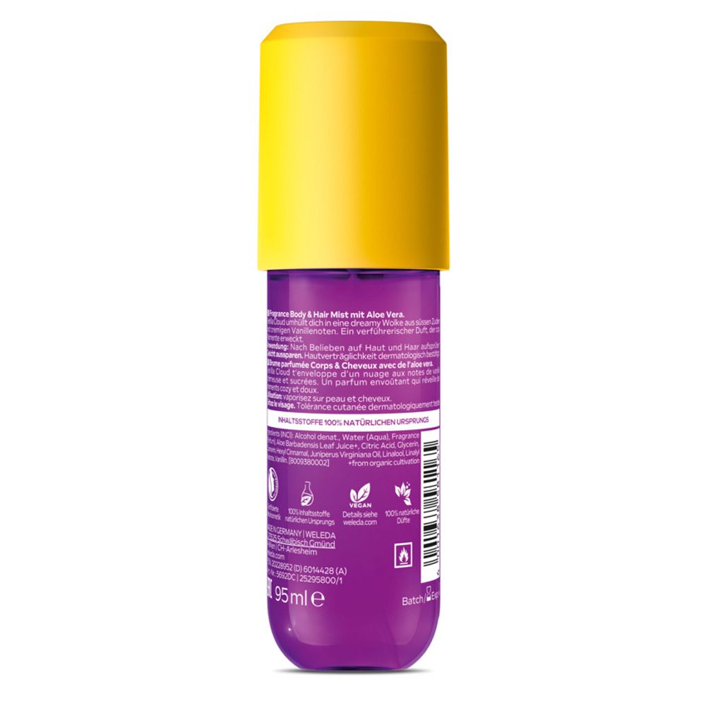 Rückseite der lila Flasche mit gelbem Deckel. Text in mehreren Sprachen. 95ml. Mit Zertifizierungen.