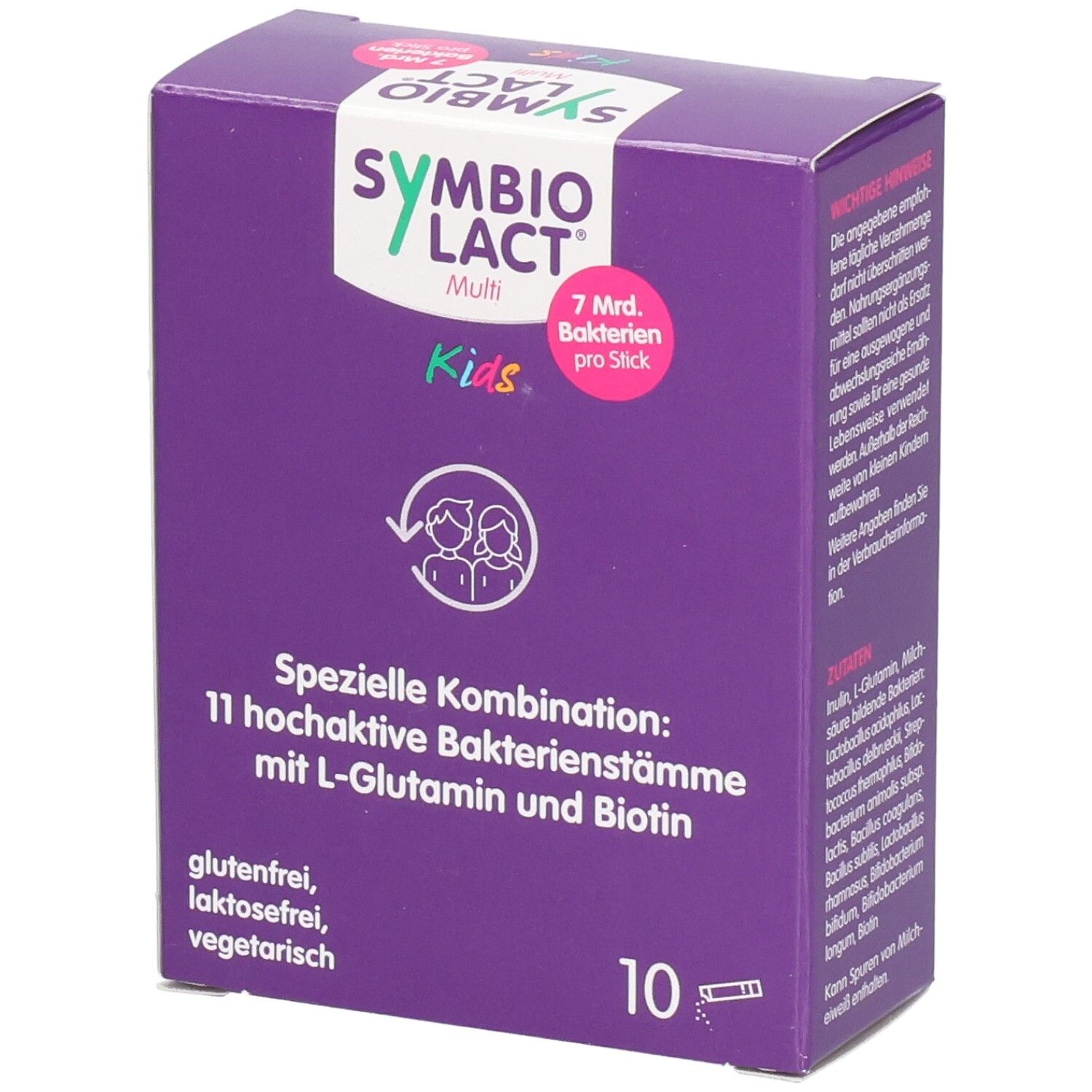 Lila Schachtel mit SYMBIOLACT Multi Kids. Enthält 10 Sticks. Aufdruck: 7 Mrd. Bakterien pro Stick. Spezielle Kombination.