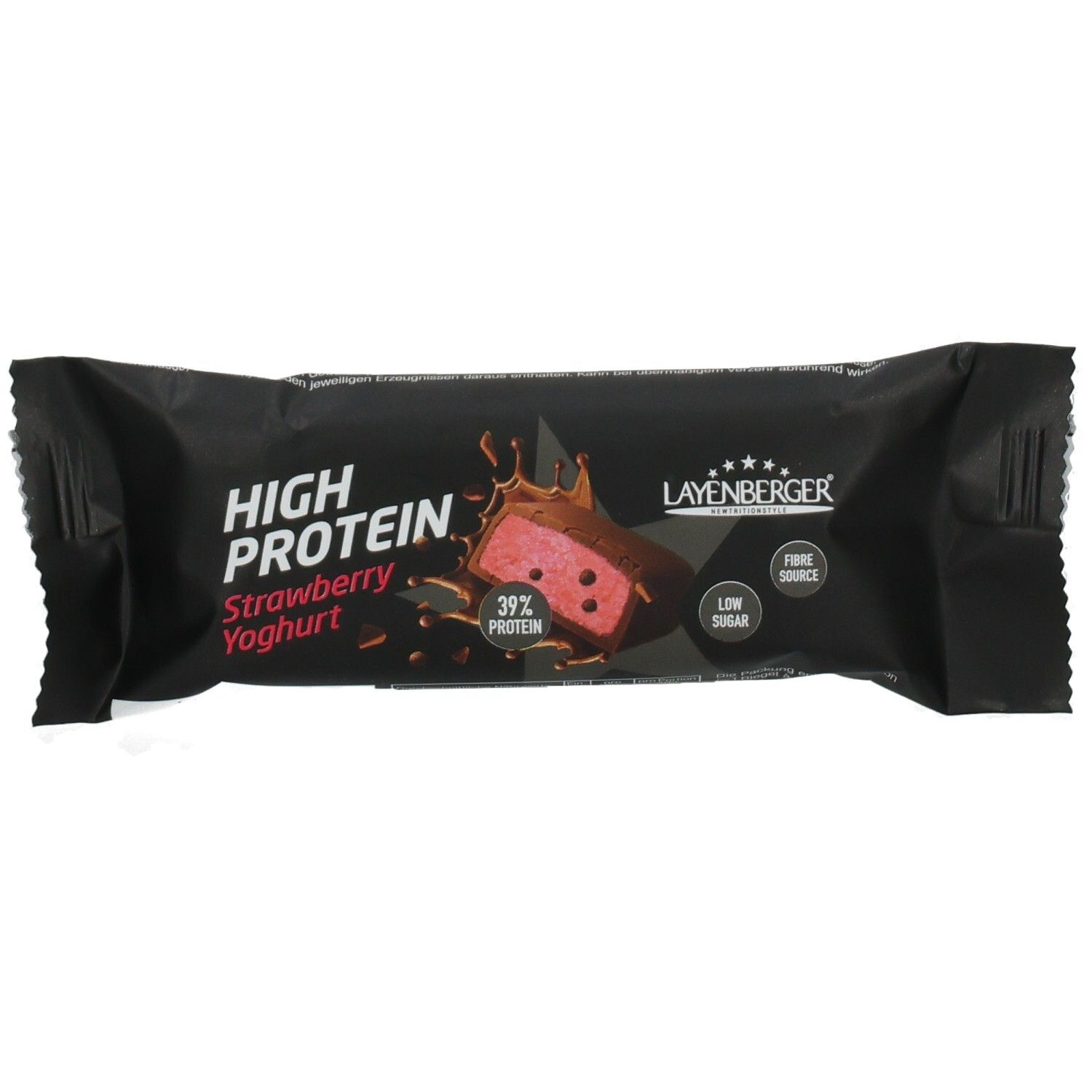 Schwarze Proteinriegel-Verpackung. Aufschrift: High Protein Strawberry Yoghurt. Logo Layenberger. 39% Protein.