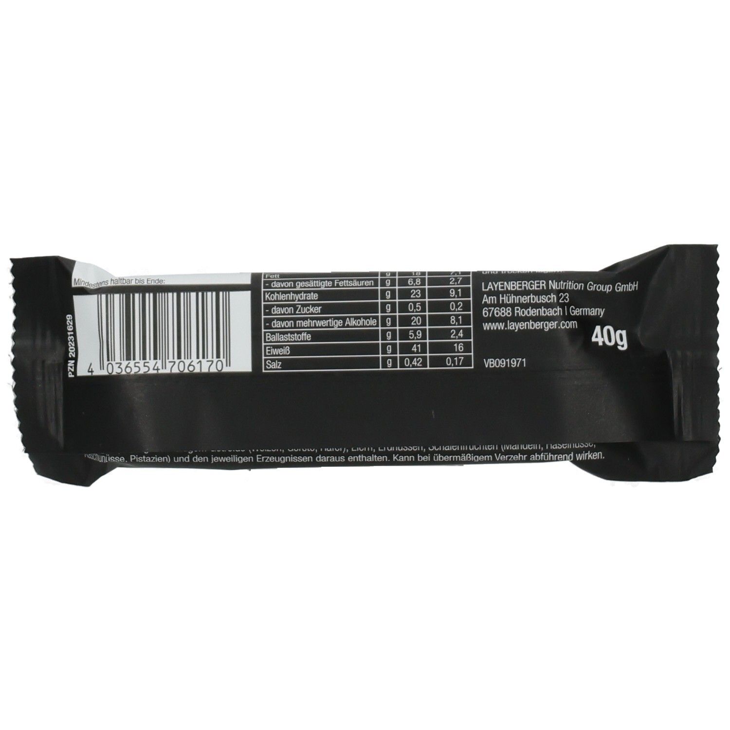 LAYENBERGER High Protein Bar. Schwarze Verpackung mit Nährwertangaben und Barcode. 40g.