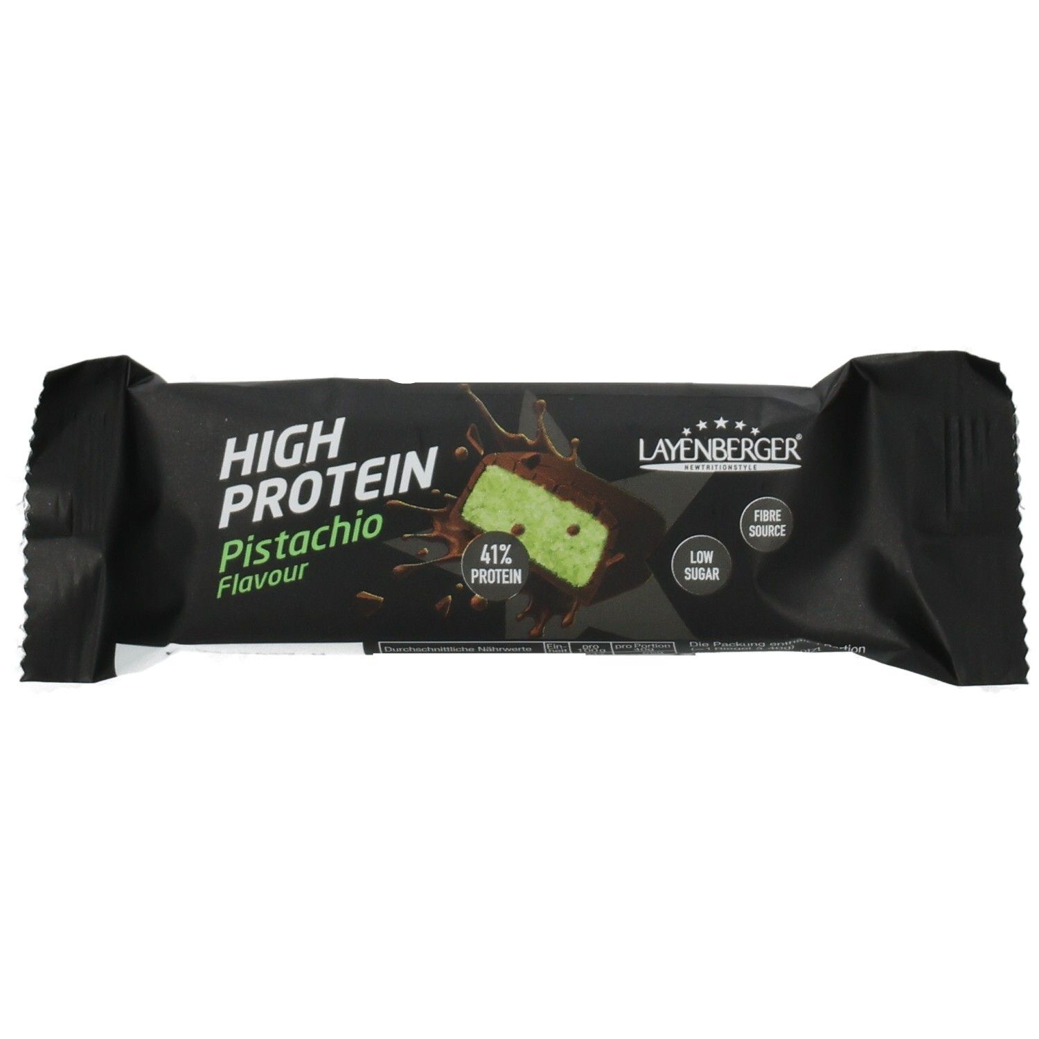 LAYENBERGER High Protein Bar Pistachio. Schwarze Verpackung mit Produktbild und Schriftzug.