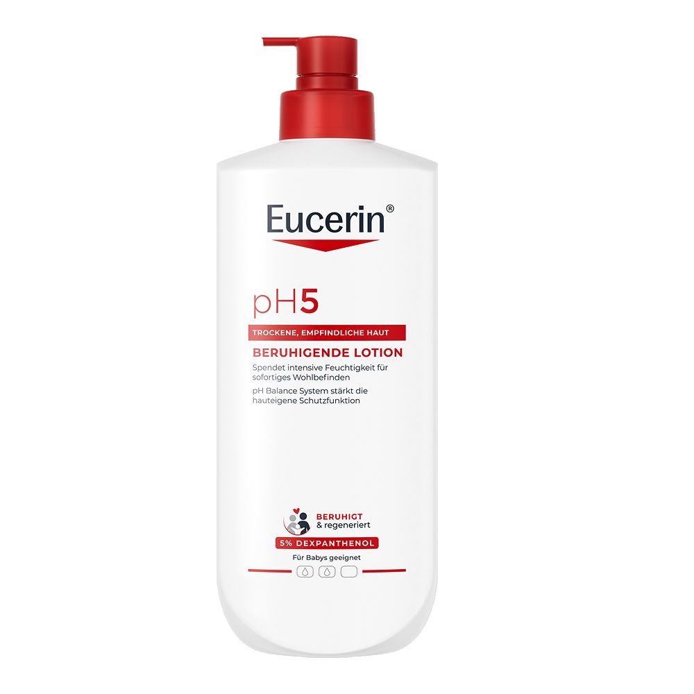 Weiße Pumpflasche mit Eucerin pH5 Beruhigende Lotion. Roter Pumpaufsatz und Akzente.
