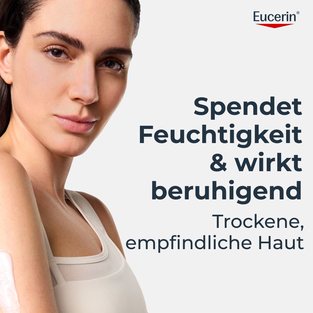 Frau mit glatter Haut, Eucerin Logo. Text: Spendet Feuchtigkeit & wirkt beruhigend.
