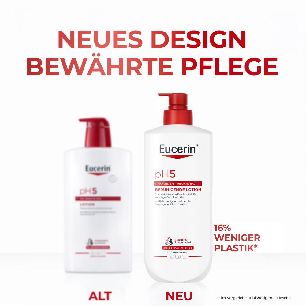Zwei Eucerin Lotionflaschen: Alt und Neu Design. 16% weniger Plastik.
