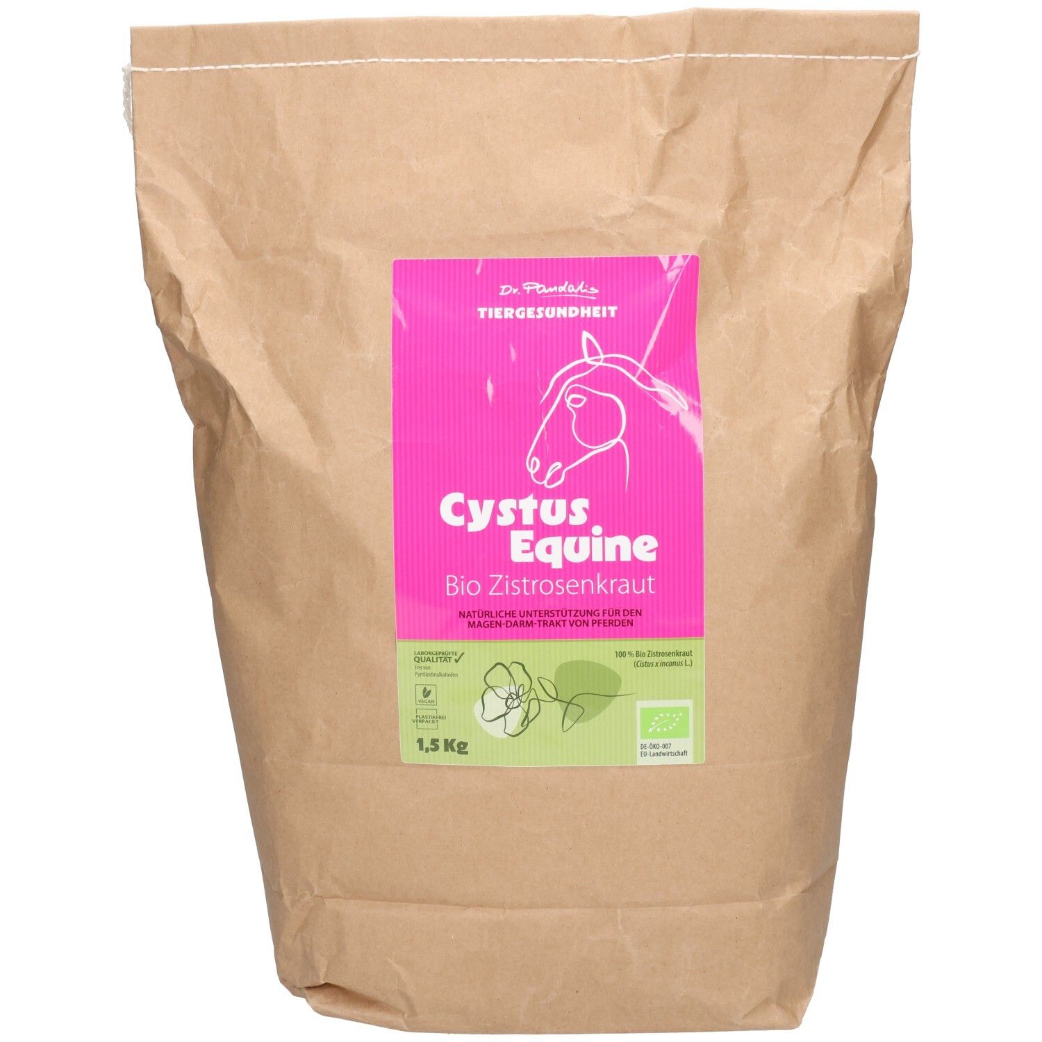 Braune Papiertüte mit rosa Etikett. Enthält Cystus Equine Bio Zistrosenkraut für Pferde. 1,5 kg.