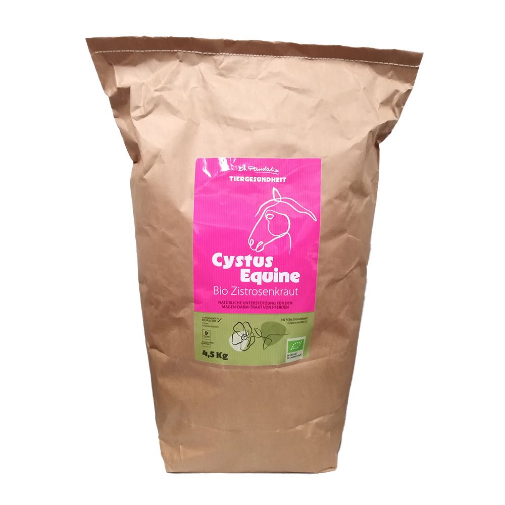 Großer Papiersack mit rosa Etikett: Cystus Equine Bio Zistrosenkraut für Pferde, 4,5 kg.