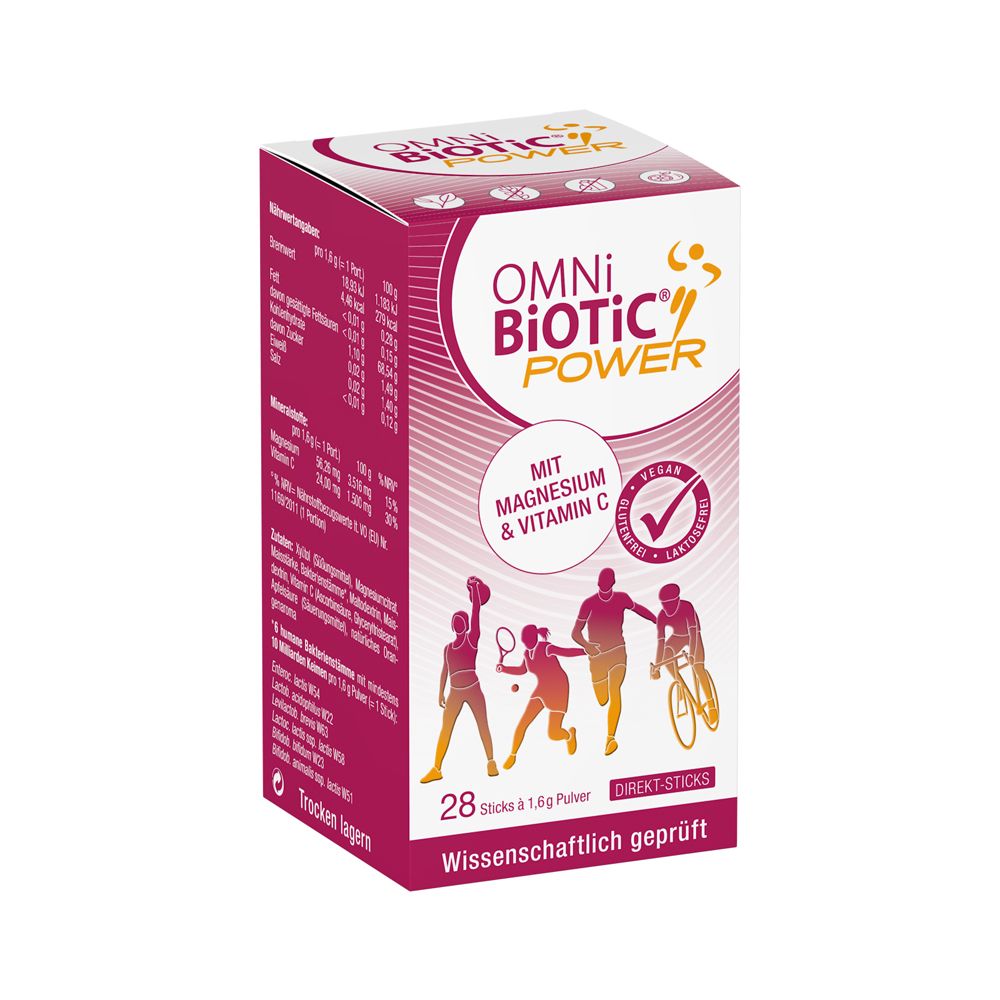 OMNi-BiOTiC® POWER Direkt-Sticks Box. 28 Sticks. Mit Magnesium & Vitamin C. Vegan. Wissenschaftlich geprüft. Abbildung von Sportlern.