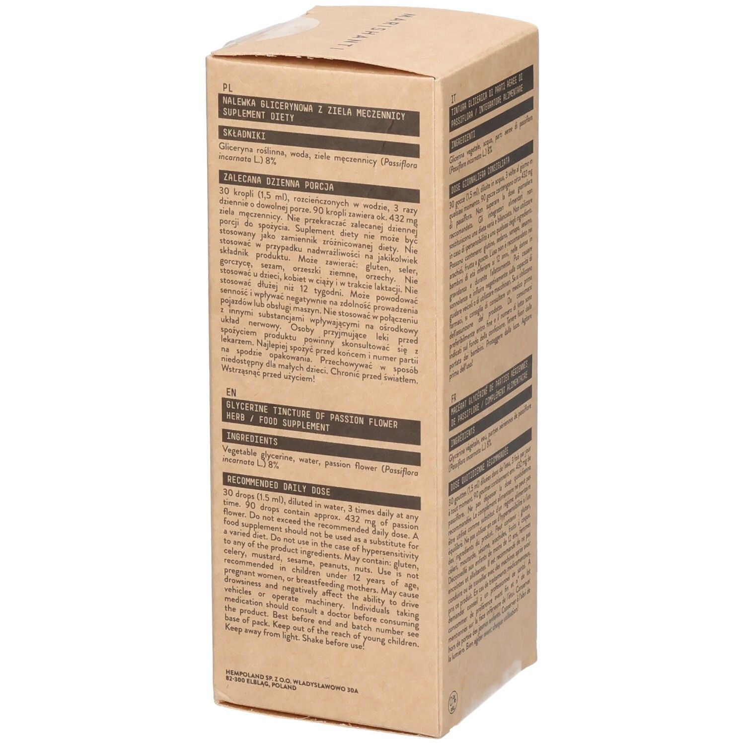 Braune Kartonverpackung für ein flüssiges Nahrungsergänzungsmittel mit Passionsblumenextrakt, 100 ml.