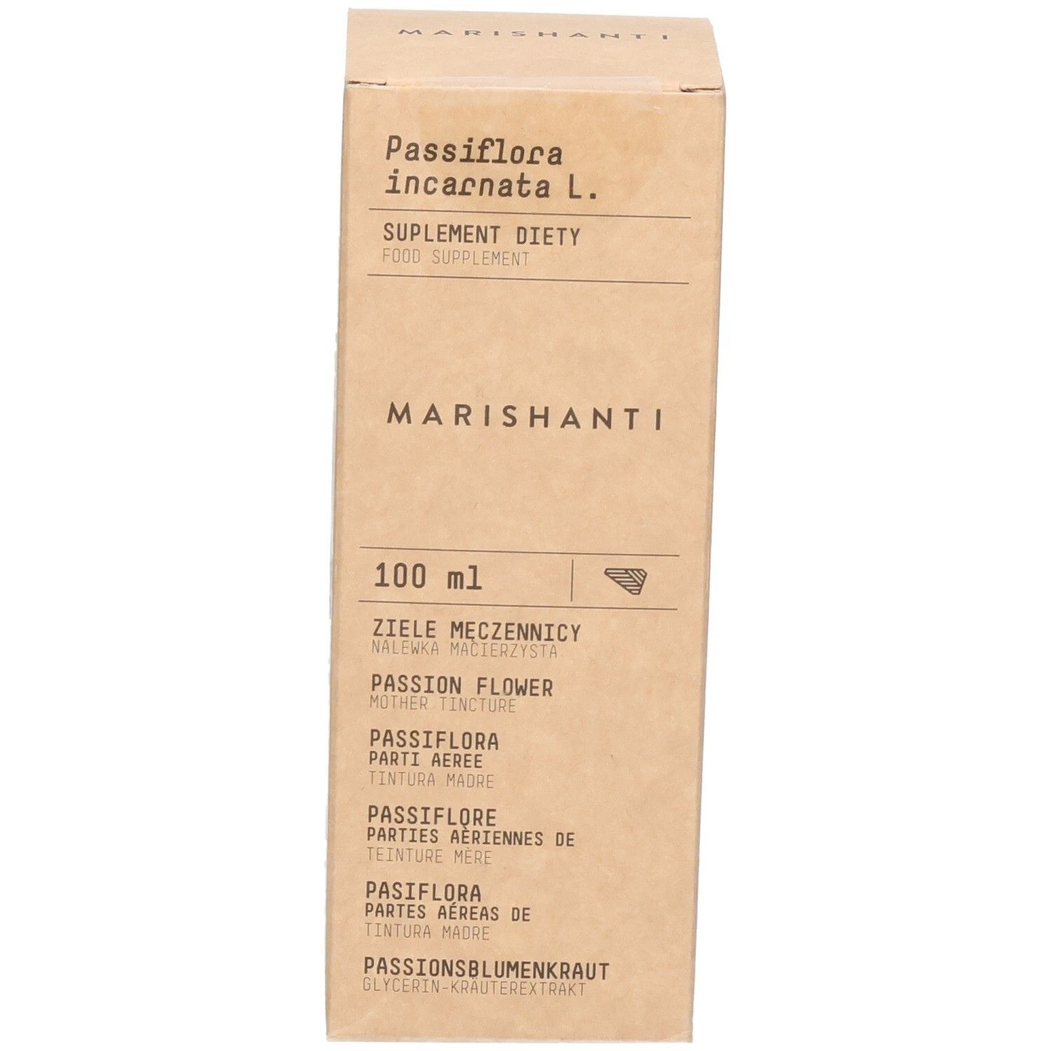 Braune Kartonverpackung für ein flüssiges Nahrungsergänzungsmittel mit Passionsblumenextrakt, 100 ml.