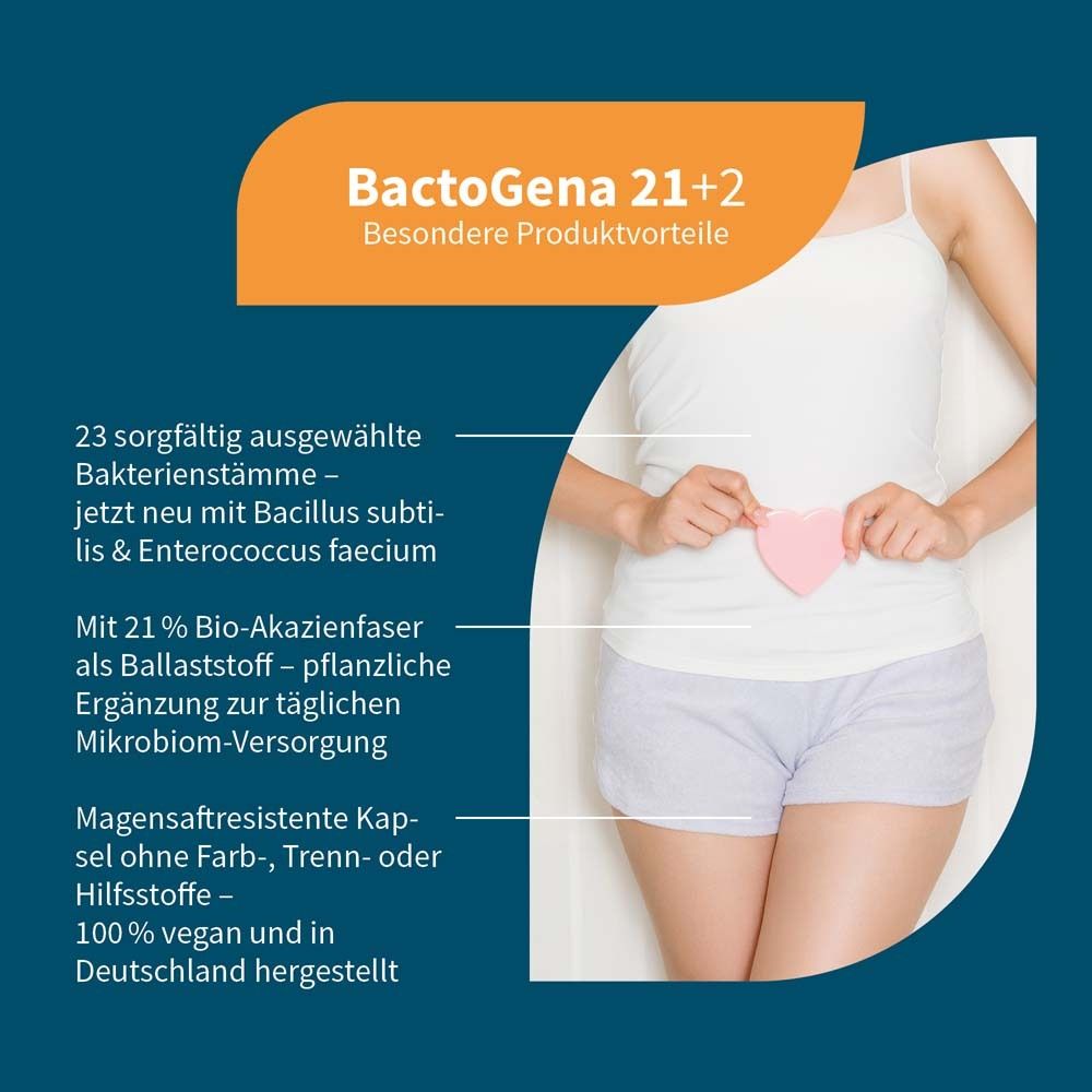 Infographie avec femme et cœur. Texte : BactoGena 21+2. 23 souches bactériennes, 21% fibre d'acacia bio, vegan.