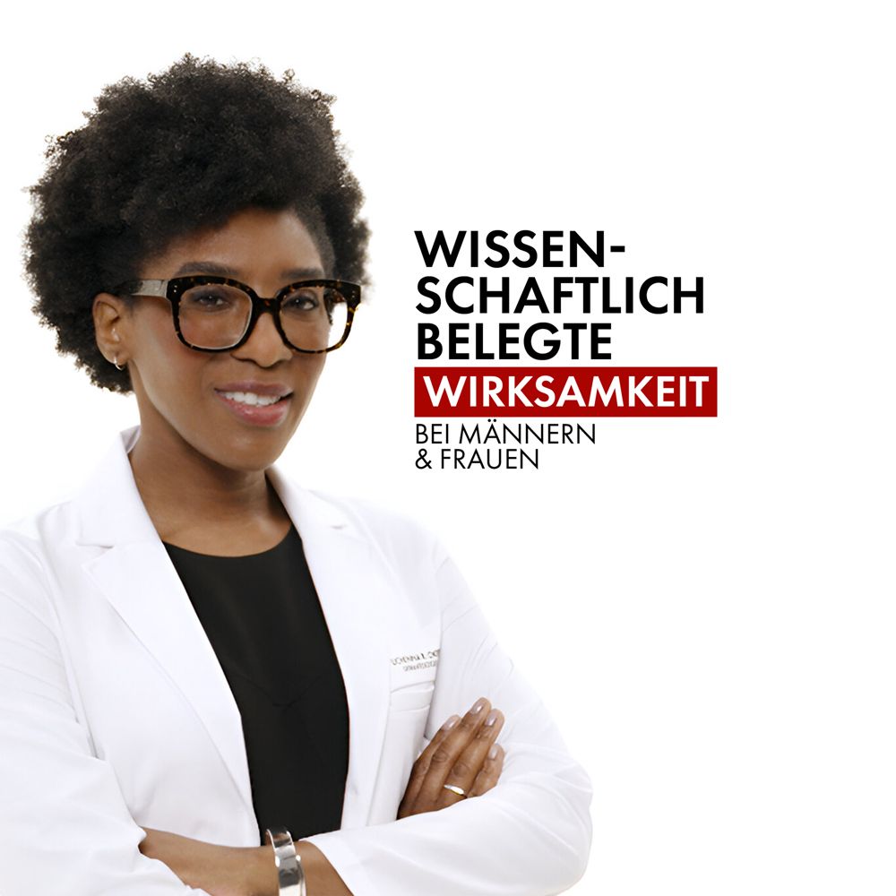 Frau mit Brille. Text: Wissenschaftlich belegte Wirksamkeit bei Männern & Frauen.