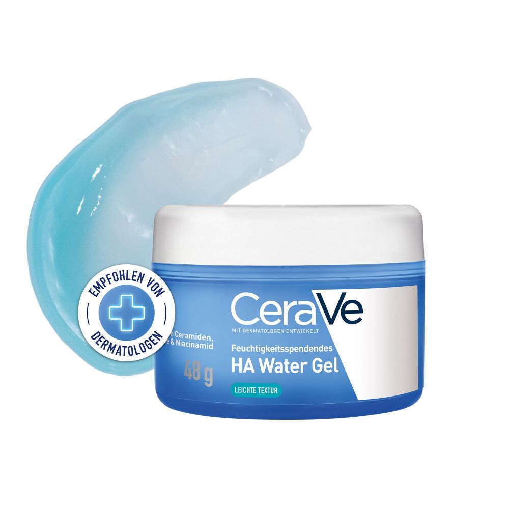 Pot bleu avec couvercle blanc. Texture gel à côté. Inscription : CeraVe, HA Water Gel, 48g. Recommandé par les dermatologues.