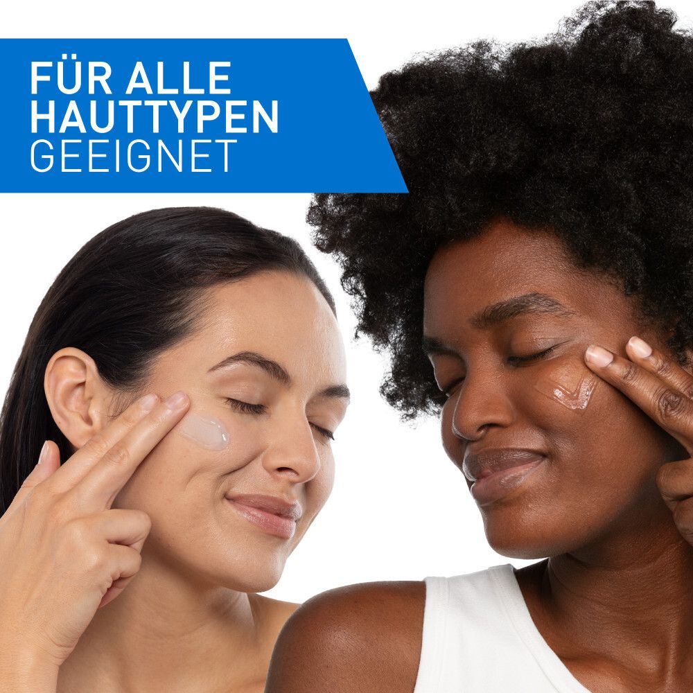 Deux personnes appliquent du gel sur le visage. Texte : Convient à tous les types de peau.