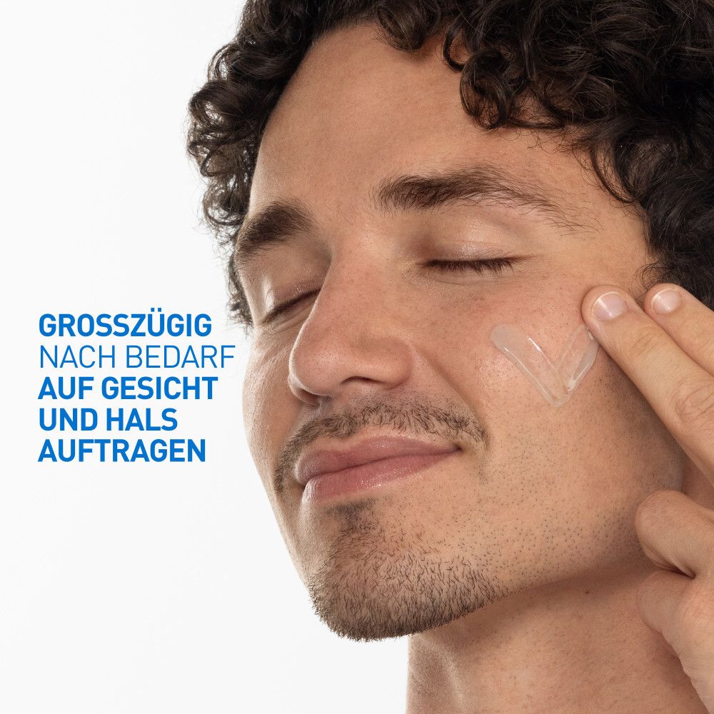 Personne appliquant du gel sur le visage et le cou. Texte : Appliquer généreusement sur le visage et le cou au besoin.