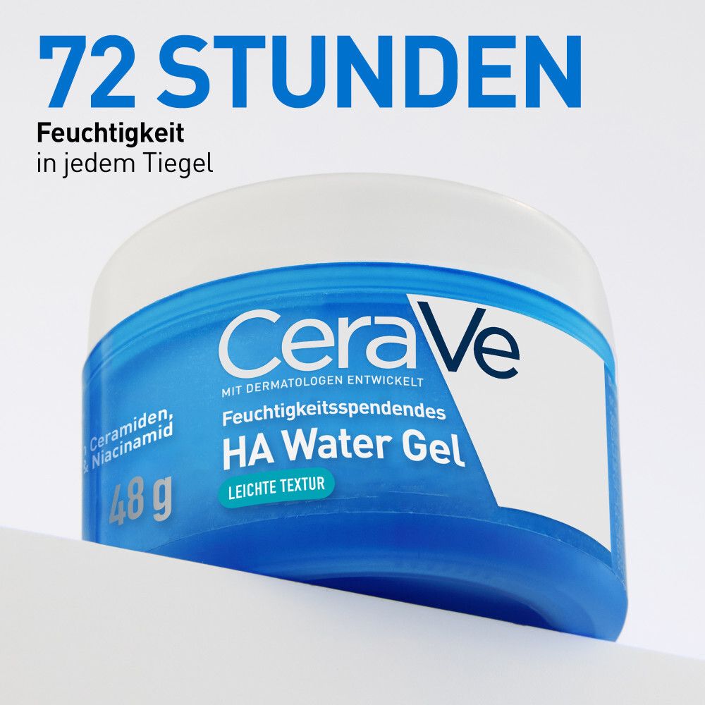 Pot bleu avec couvercle blanc. Inscription : CeraVe, HA Water Gel, 48g. Texte : 72 heures d'hydratation dans chaque pot.