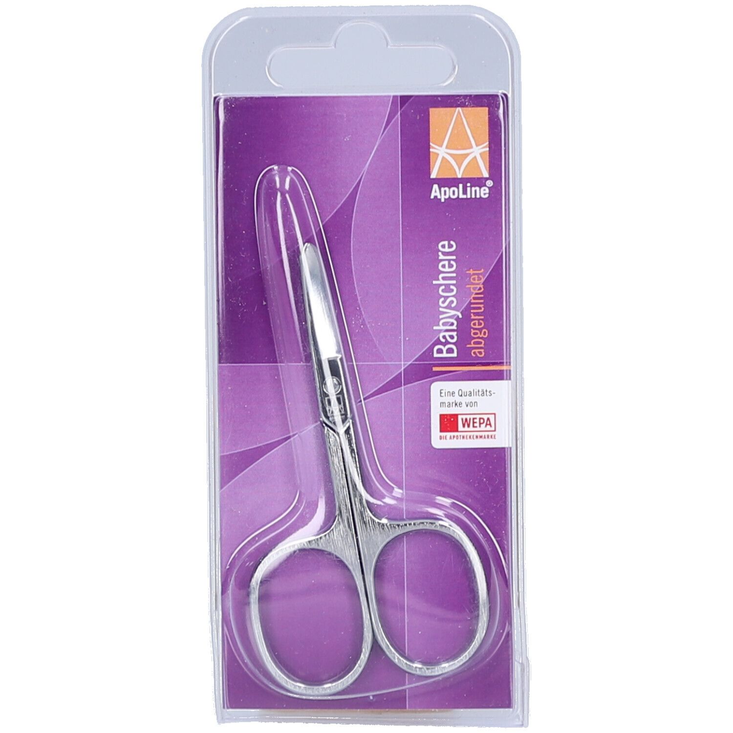 Ciseaux à bout rond pour bébé dans un emballage blister. Ciseaux en métal avec pointes et poignées arrondies. Logo et texte sur l'emballage.