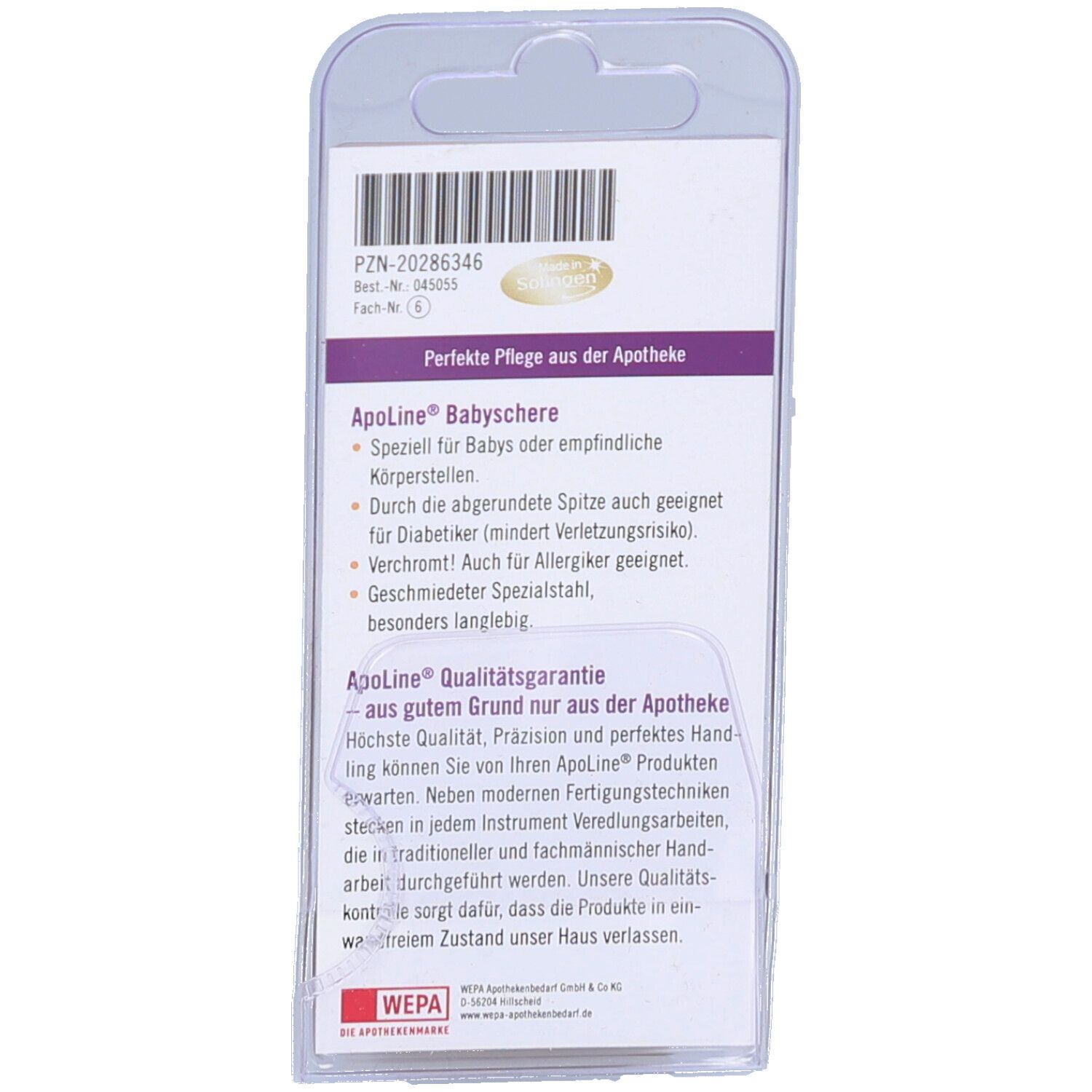 Dos de l'emballage blister. Informations textuelles sur les ciseaux pour bébés, garantie de qualité et informations sur le fabricant. Sceau WEPA.