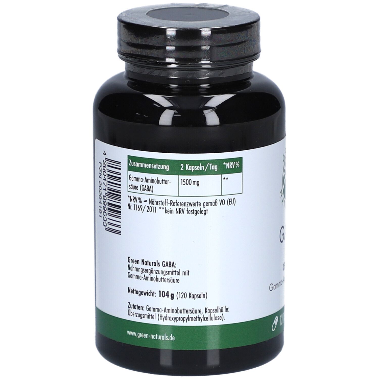 Rückseite der Flasche. Aufschrift: Green Naturals GABA. Inhaltsstoffe, Nettogewicht 104 g (120 Kapseln).
