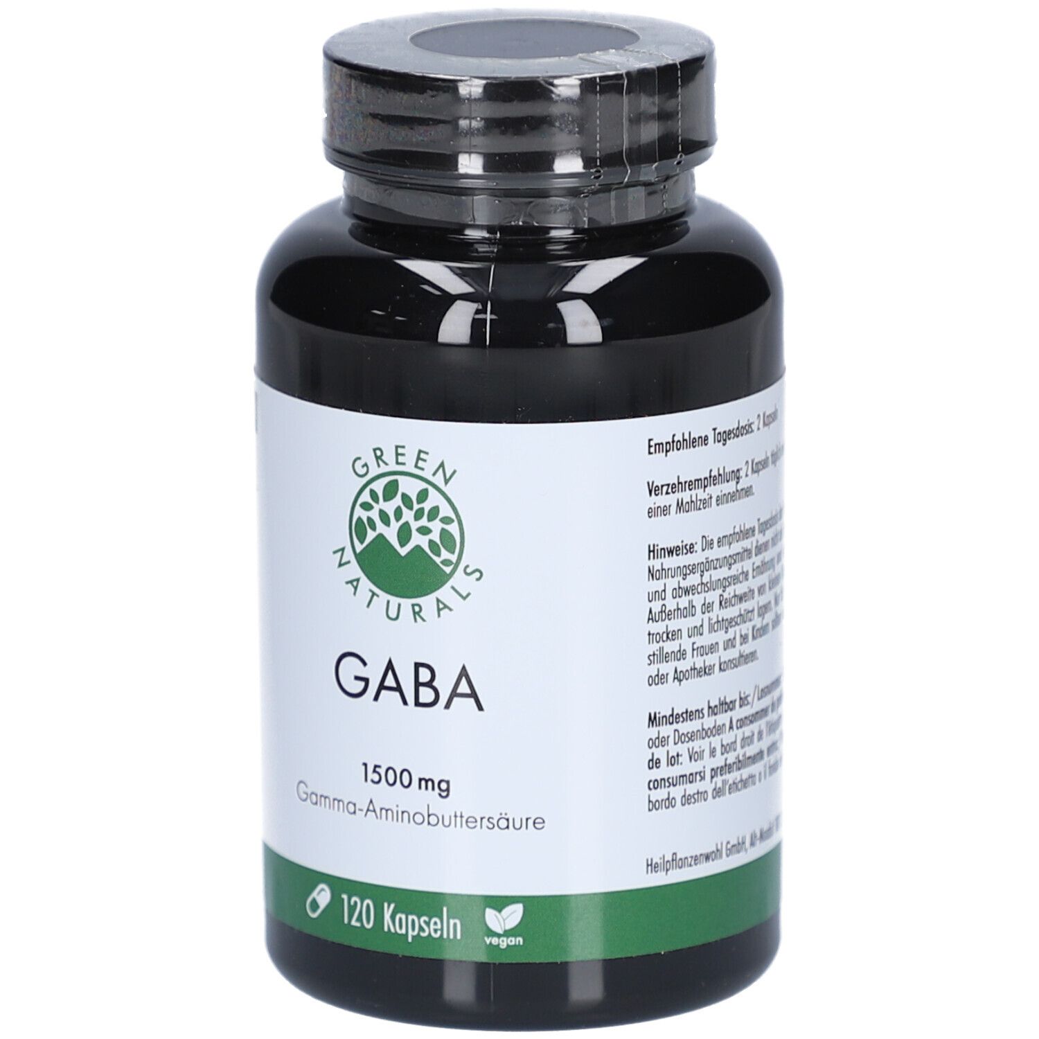 Schwarze Flasche mit grüner Banderole. Aufschrift: GREEN NATURALS GABA 1500 mg. 120 Kapseln, vegan.