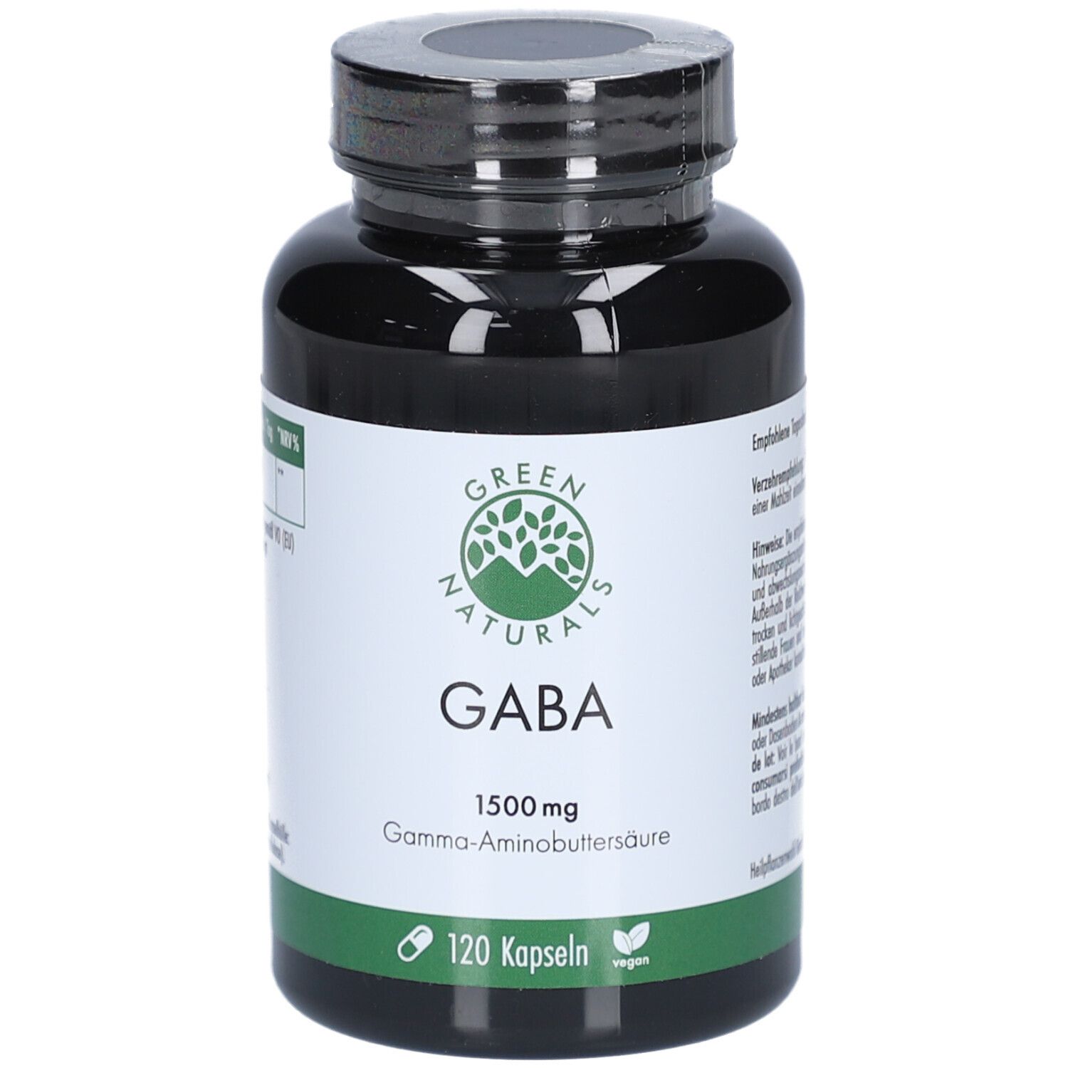 Schwarze Flasche mit grüner Banderole. Aufschrift: GREEN NATURALS GABA 1500 mg. 120 Kapseln, vegan.