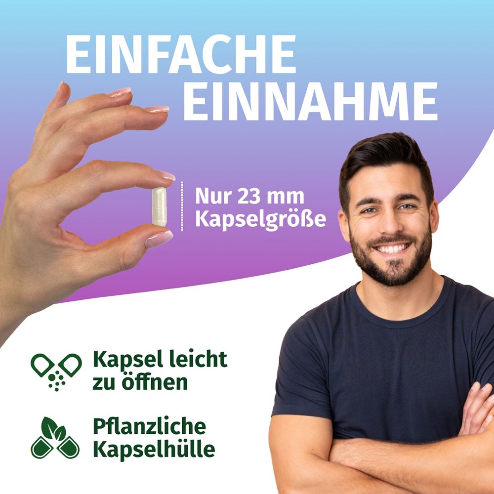 Hand hält Kapsel (23 mm). Mann lächelt. Text: Einfache Einnahme. Kapsel leicht zu öffnen.