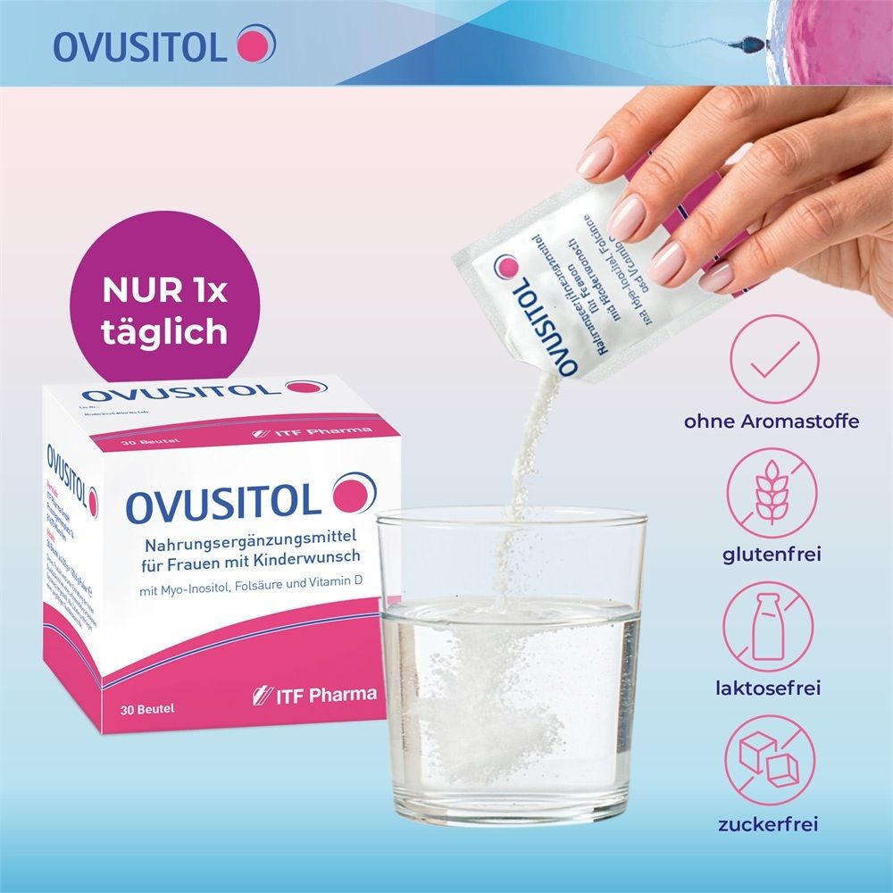 OVUSITOL: Ein Beutel wird täglich in Wasser aufgelöst. Gluten-, laktose-, zuckerfrei.