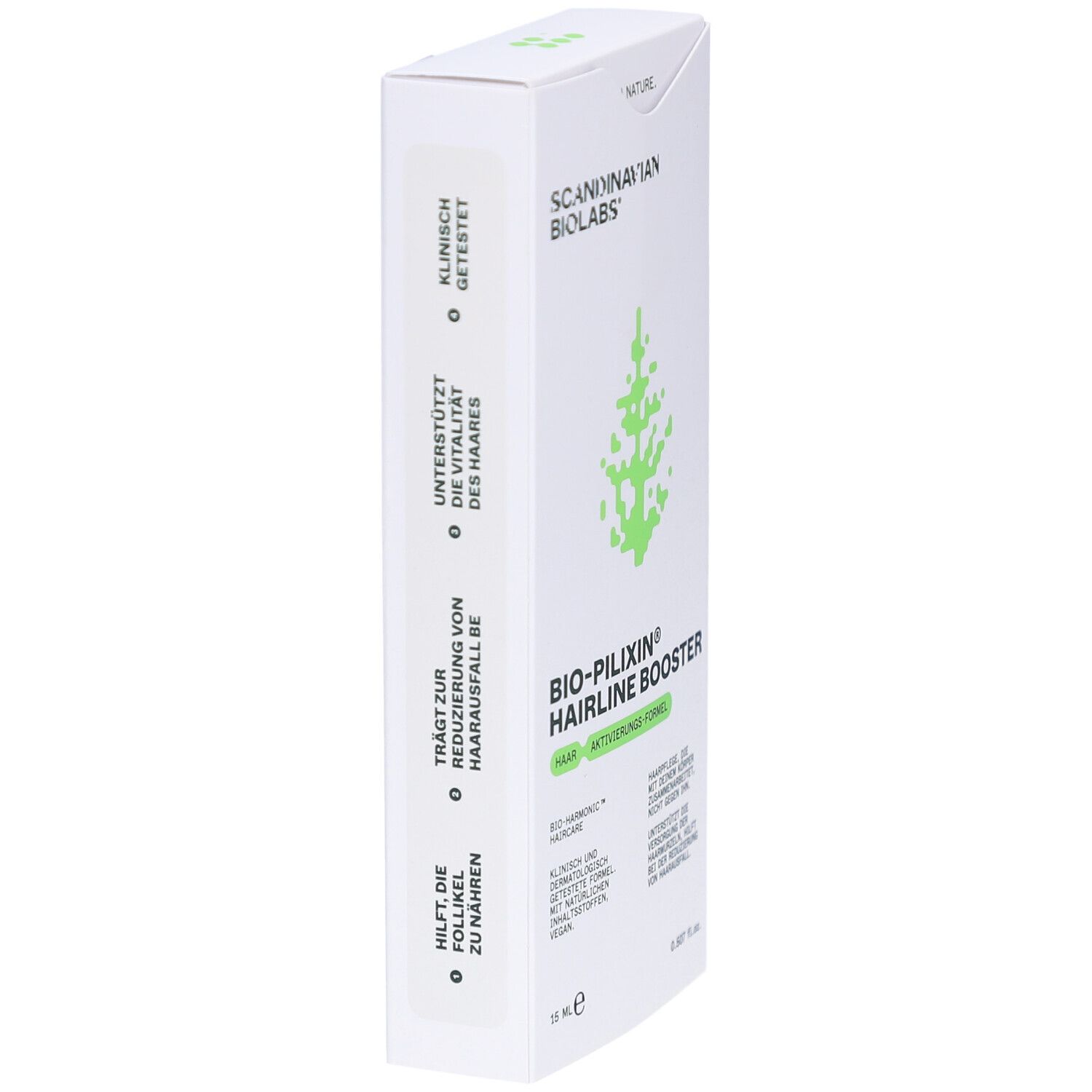 Weiße Produktverpackung. Aufschrift: BIO-PILIXIN Hairline Booster, Scandinavian Biolabs. Klinisch getestet.