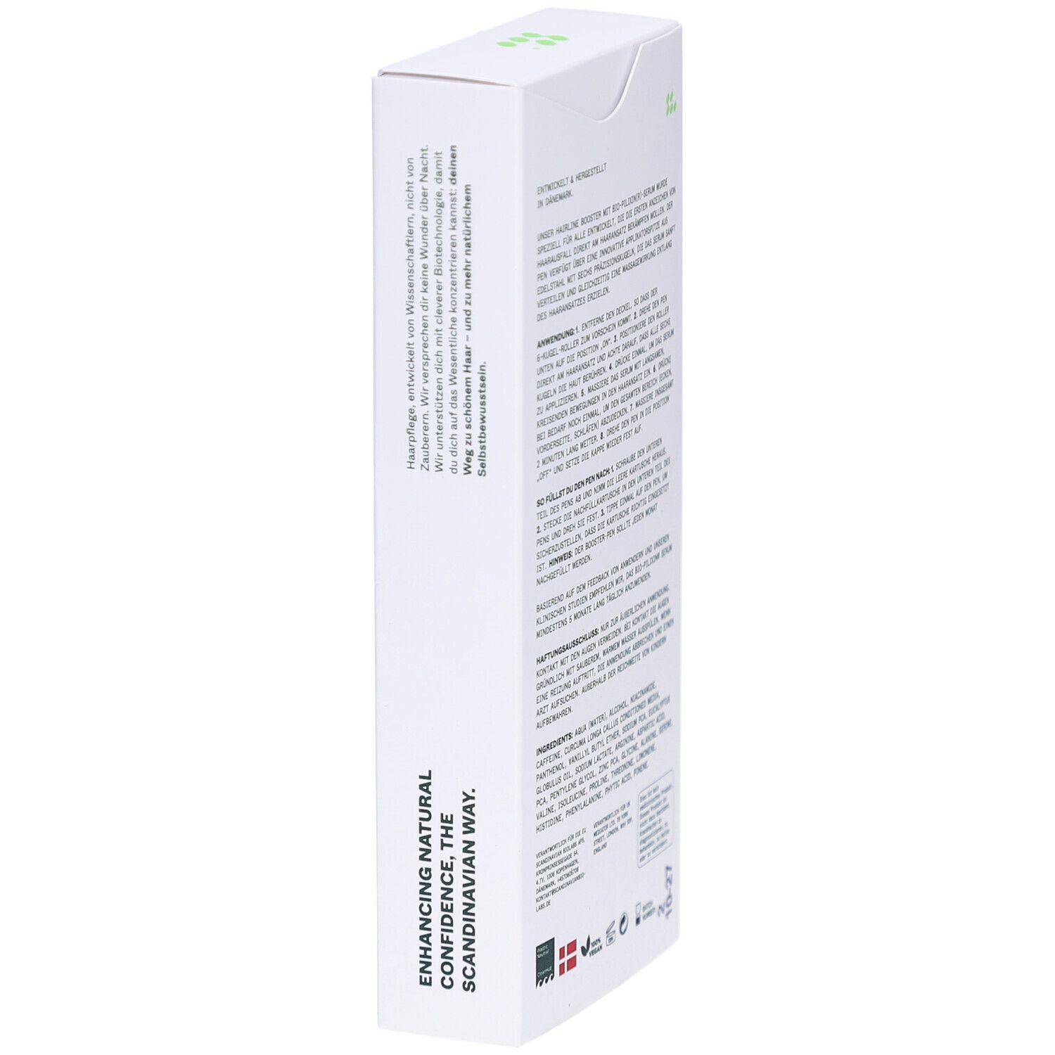 Seite der Produktverpackung. Text in deutscher Sprache. Enhancing Natural Confidence, The Scandinavian Way.