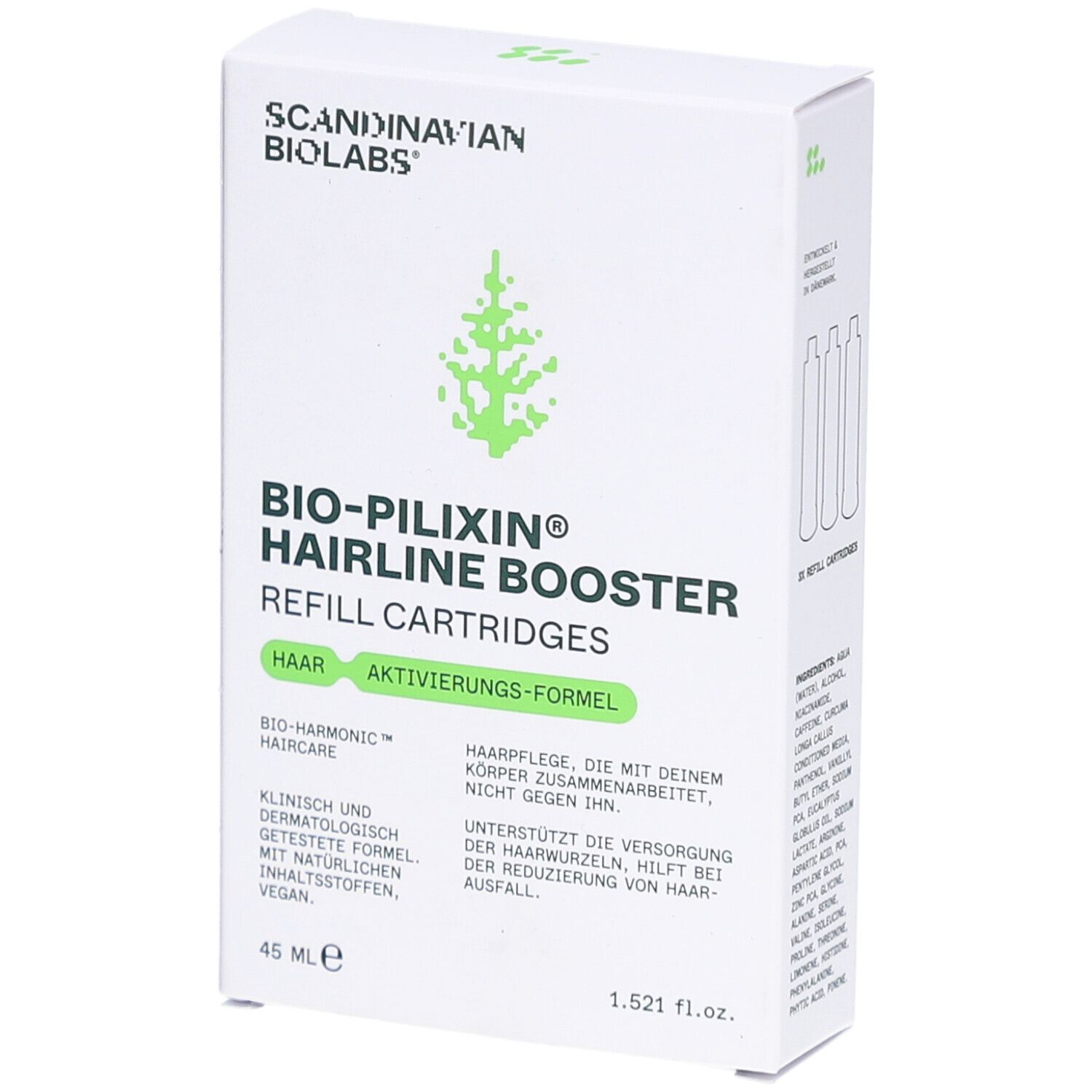 Weißer Karton mit Produktnamen BIO-PILIXIN Hairline Booster. Enthält Refill Cartridges. Logo Scandinavian Biolabs. 45 ml.