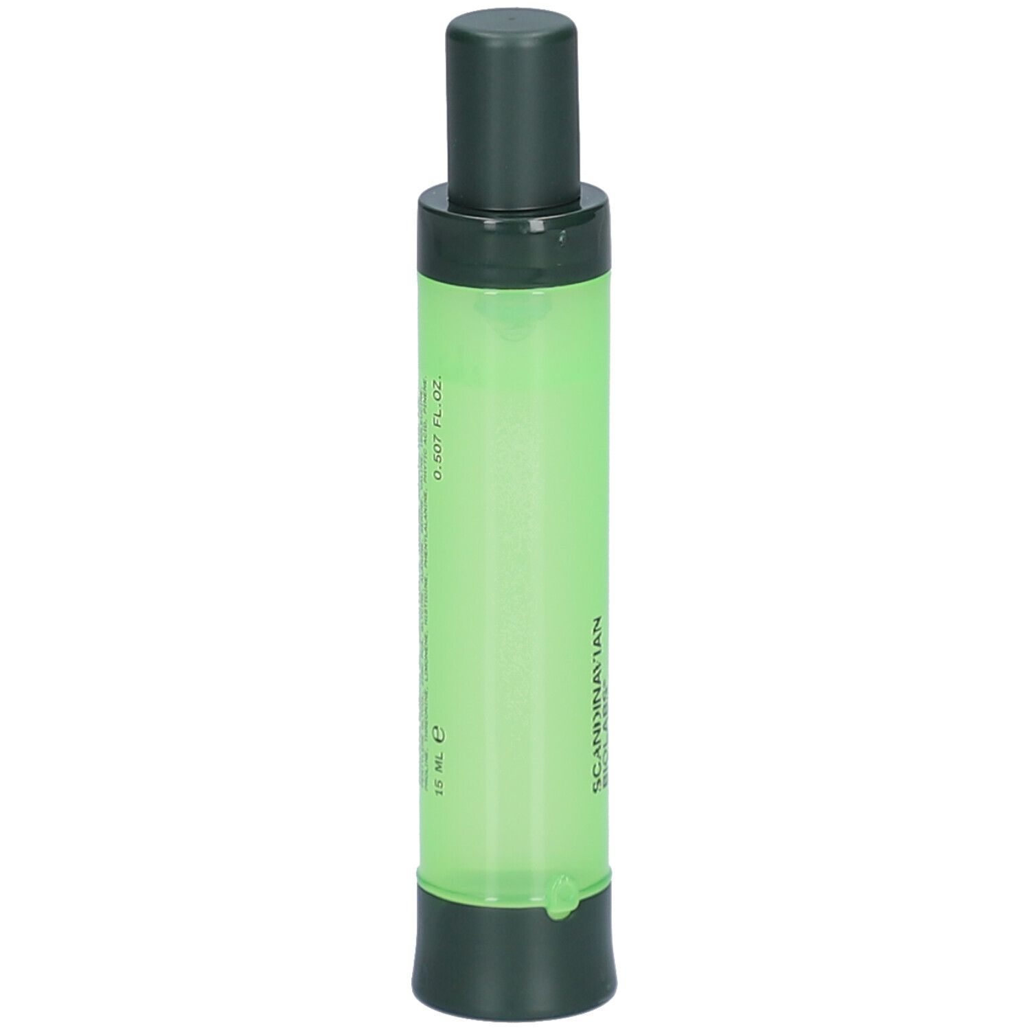 Grüne, zylindrische Flasche mit dunklem Deckel und Boden. Enthält Flüssigkeit. Beschriftung auf der Flasche.