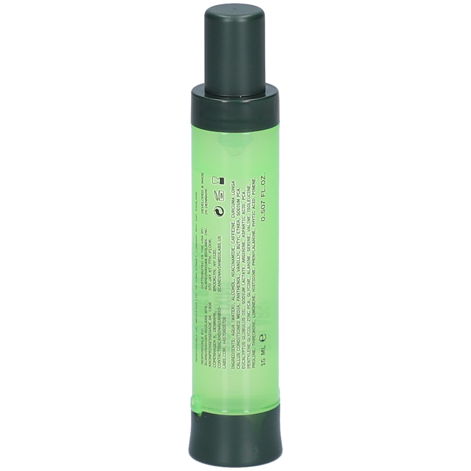 Grüne, zylindrische Flasche mit dunklem Deckel und Boden. Enthält Flüssigkeit. Beschriftung mit Inhaltsstoffen.
