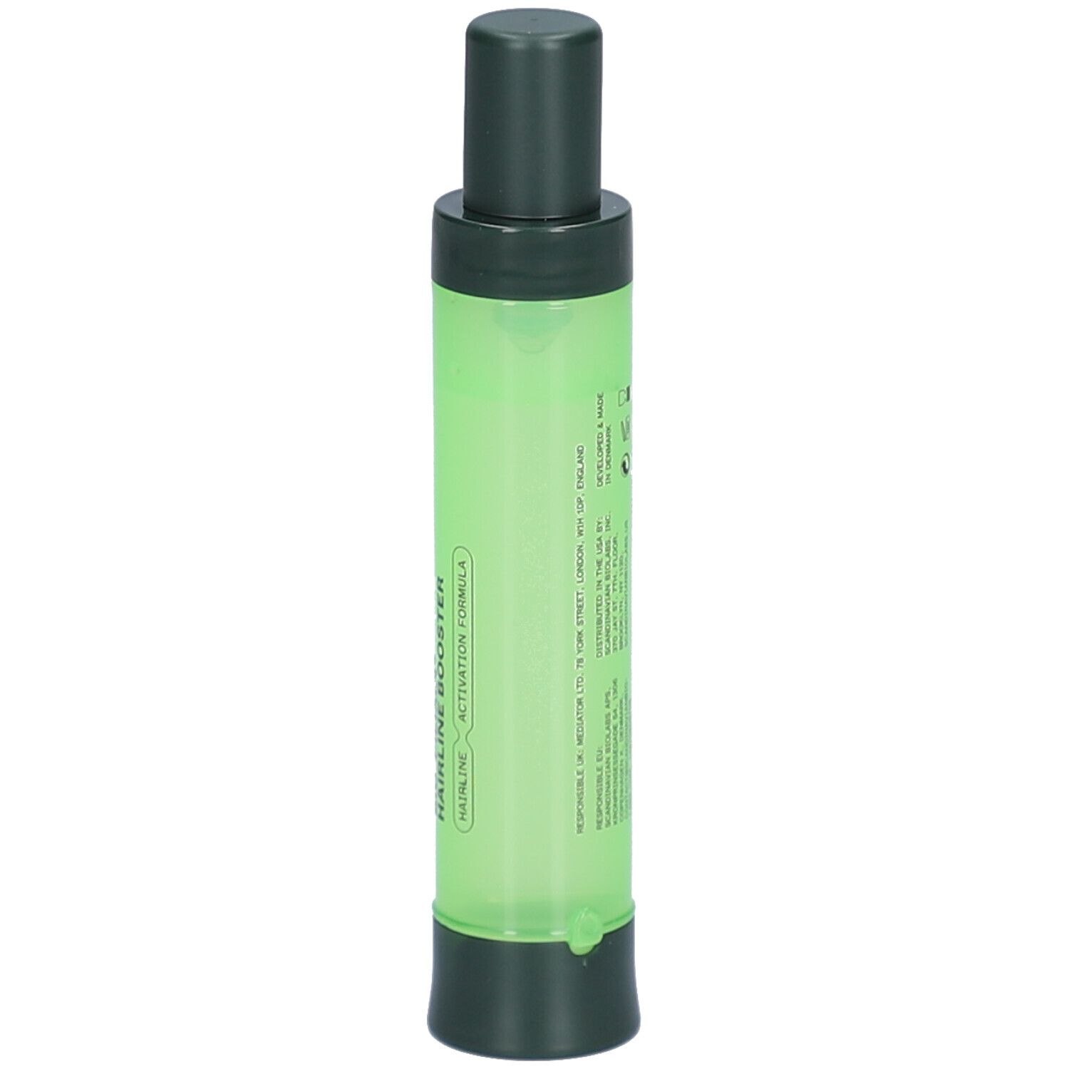Grüne, zylindrische Flasche mit dunklem Deckel und Boden. Enthält Flüssigkeit. Beschriftung: Hairline Booster.